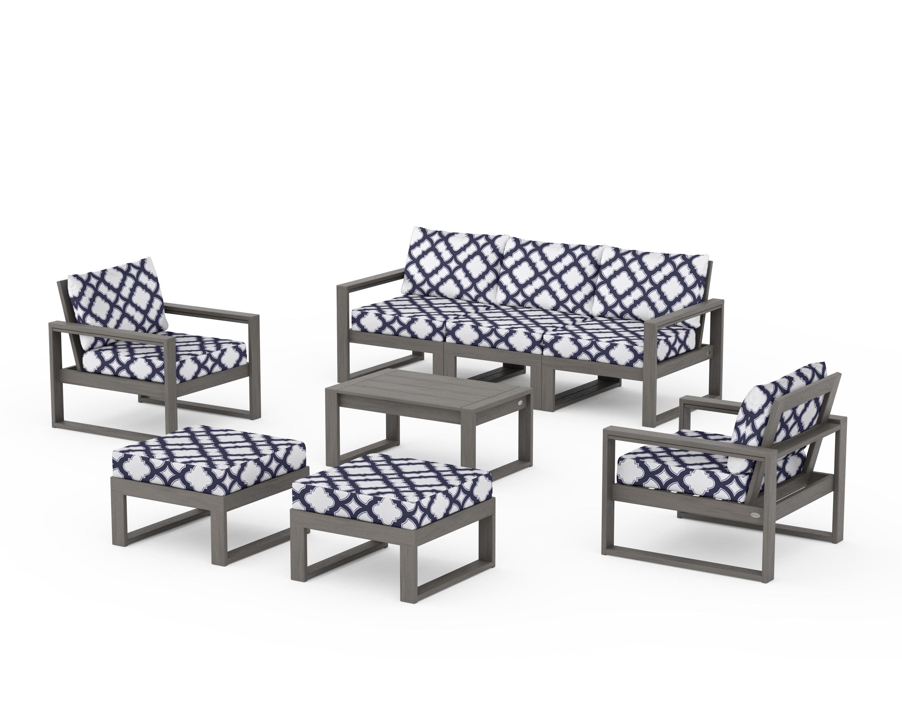 EDGE Sectional 8-Piece Lounge Sofa Set in Driftwood / Trellis Navy