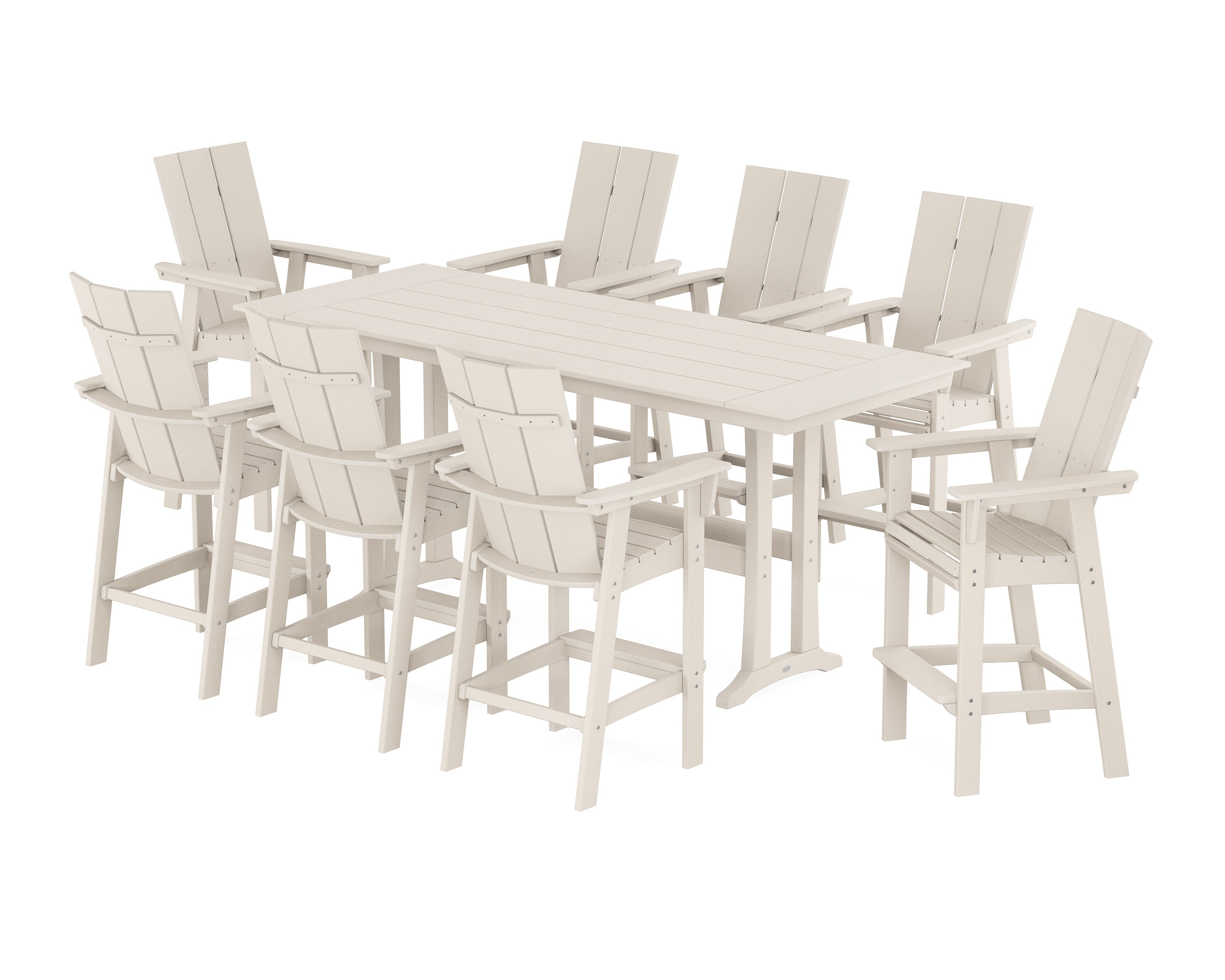 Modern Curveback Adirondack 9-Piece Farmhouse Bar Set with Trestle Legs in Sand