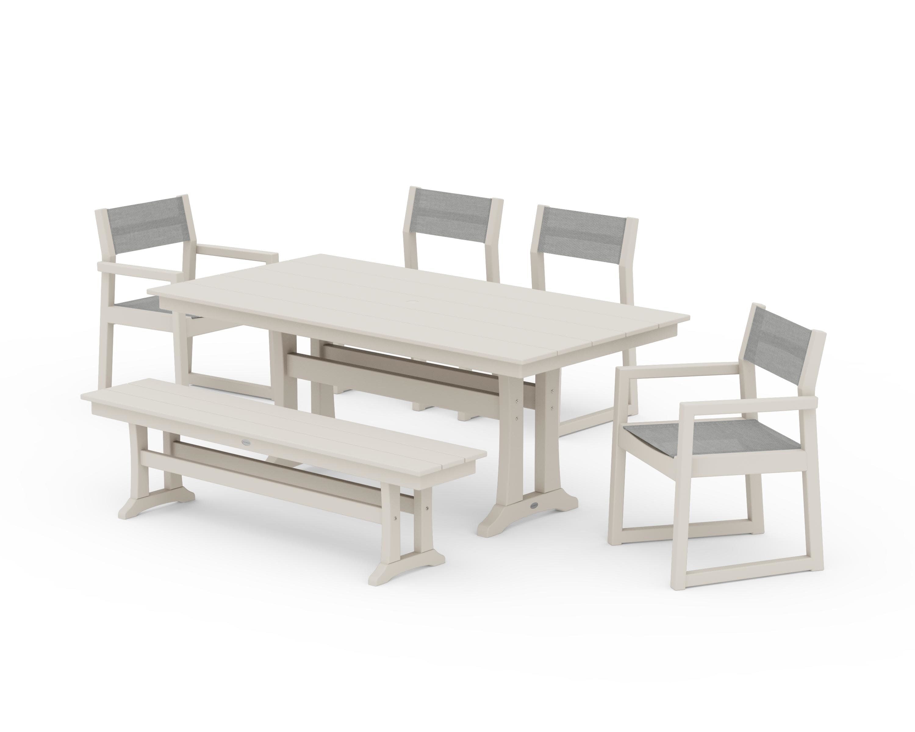 EDGE Sling 6-Piece Farmhouse Dining Set With Trestle Legs in Sand / Metallic Sling