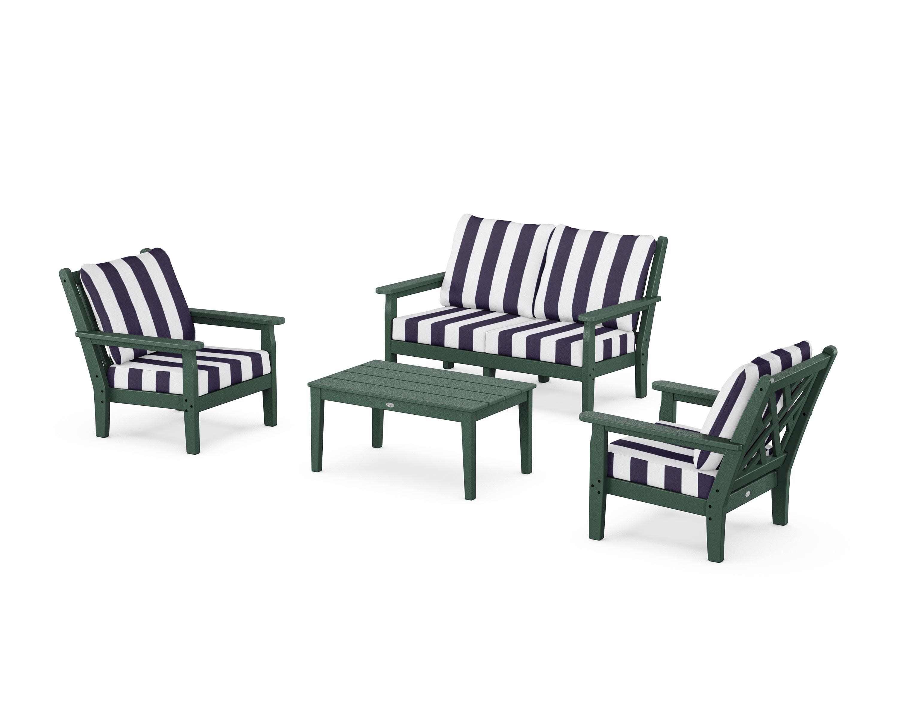 Chippendale 4-Piece Deep Seating Set with Loveseat in Green / Cabana Stripe Navy