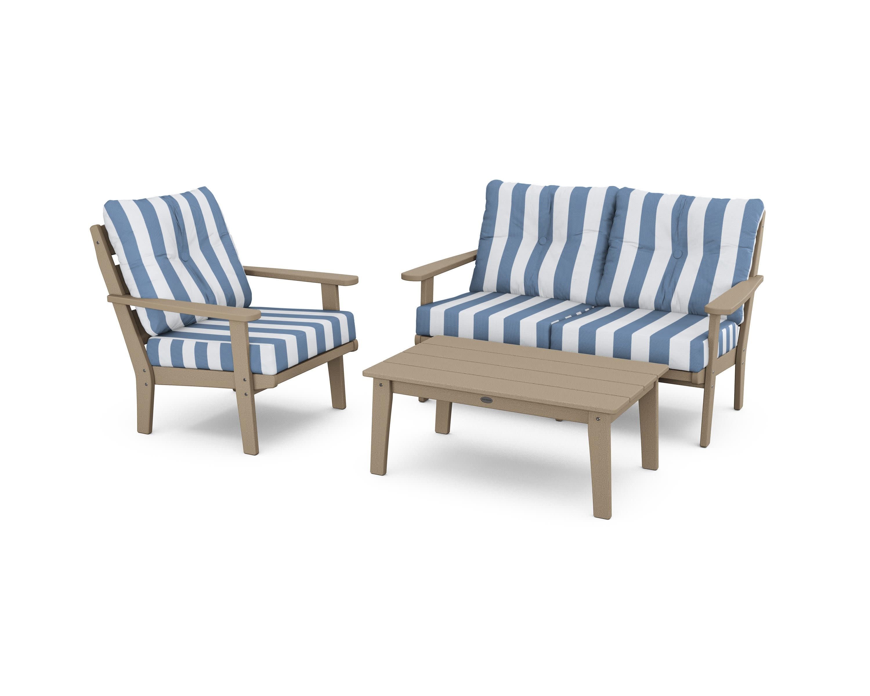 Lakeside 3-Piece Deep Seating Set in Vintage Sahara / Cabana Stripe Sky Blue