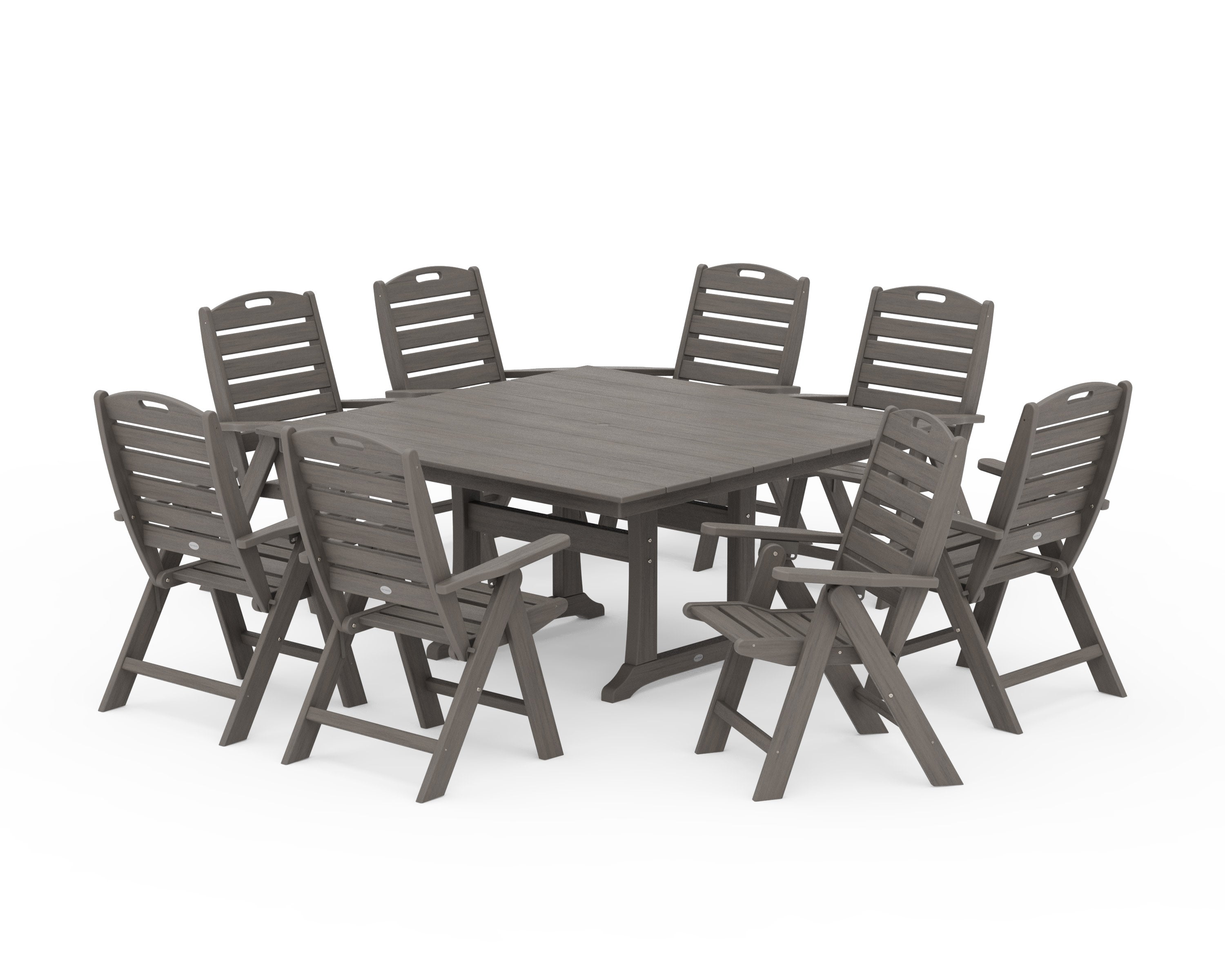 Nautical Highback 9-Piece Square Farmhouse Dining Set with Trestle Legs in Driftwood