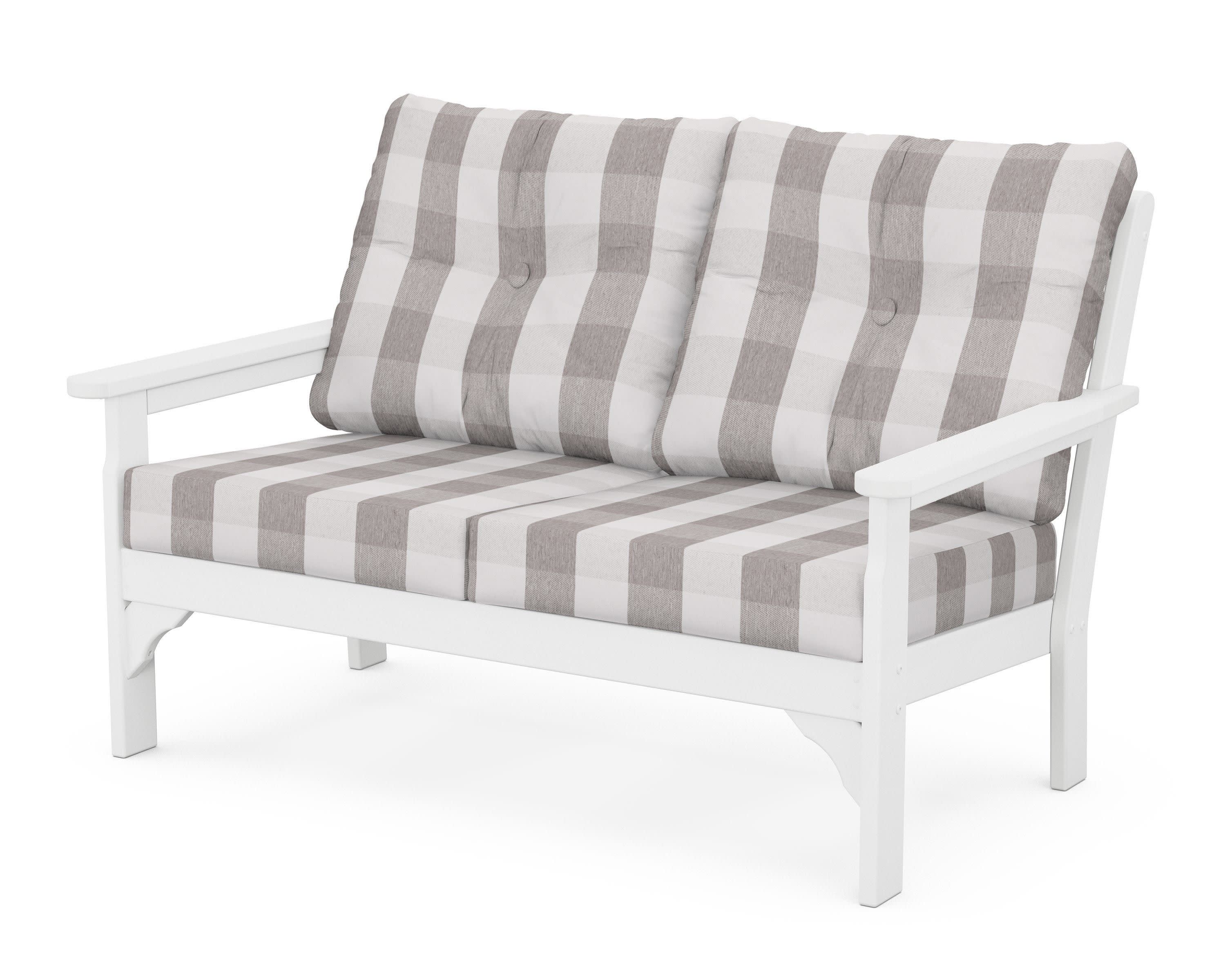 Vineyard Deep Seating Loveseat in White / Buffalo Plaid Grey Mist