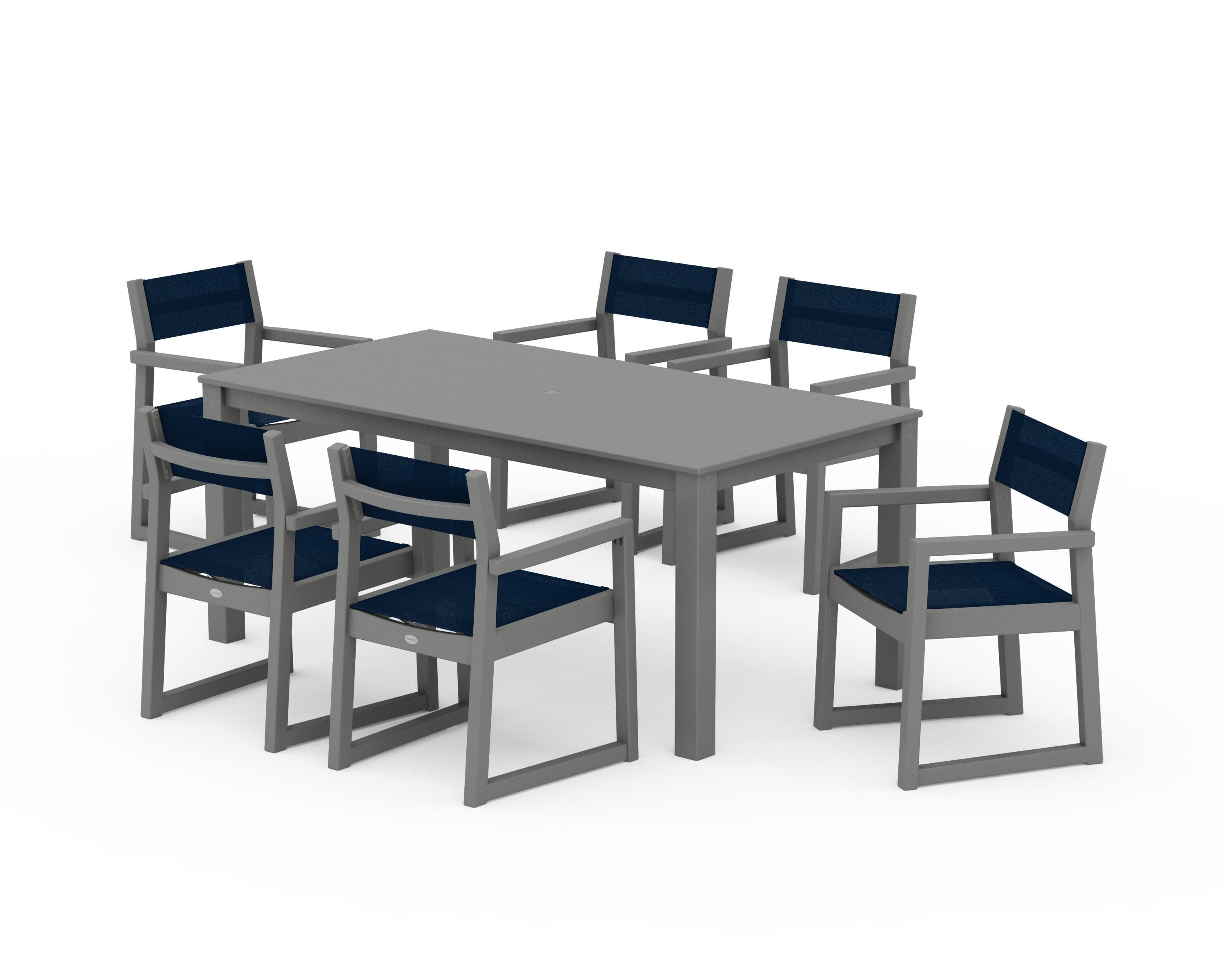 EDGE Sling Arm Chair 7-Piece Parsons Dining Set in Slate Grey / Navy Blue Sling