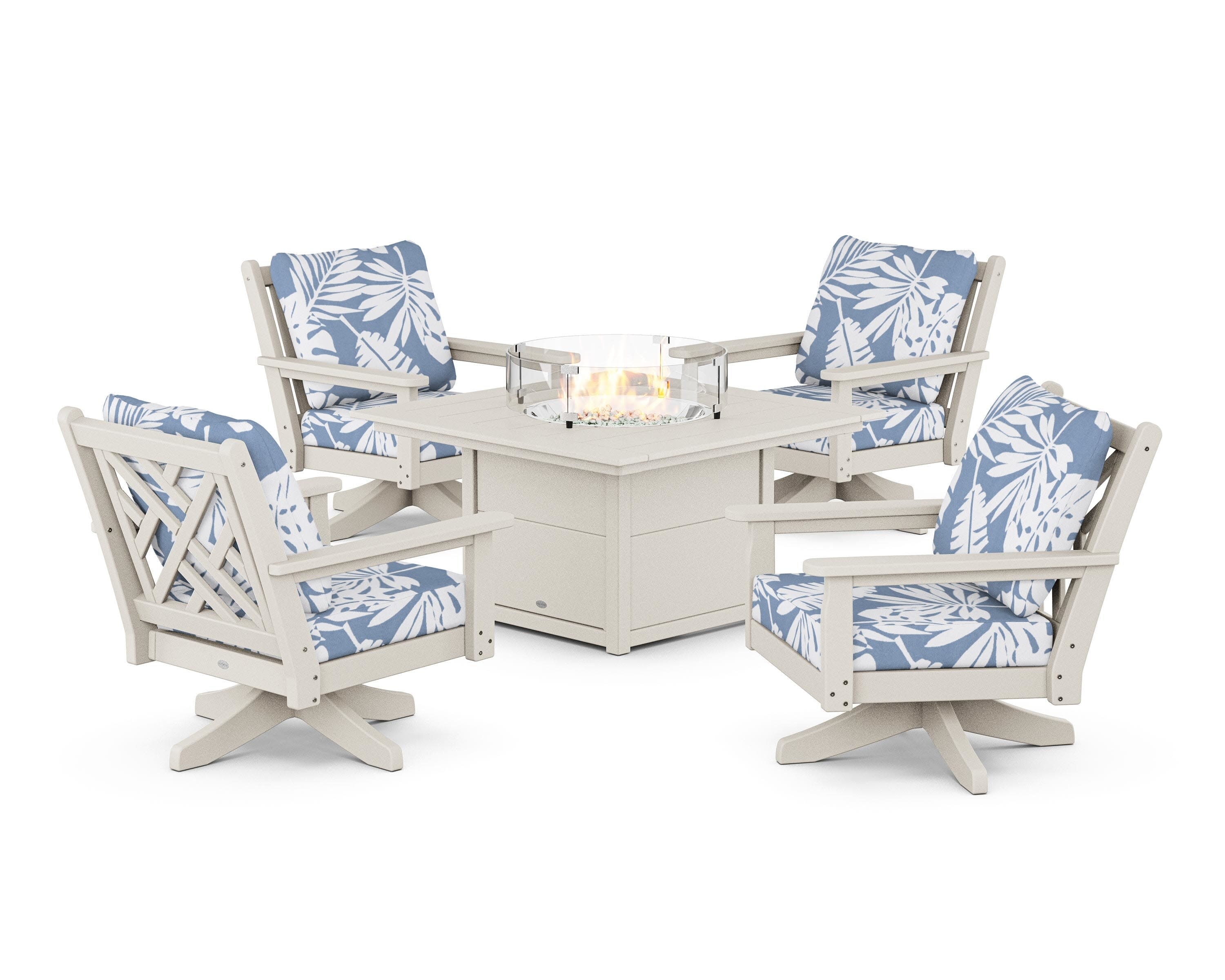 Chippendale 5-Piece Deep Seating Swivel Conversation Set with Fire Pit Table in Sand / Leaf Sky Blue