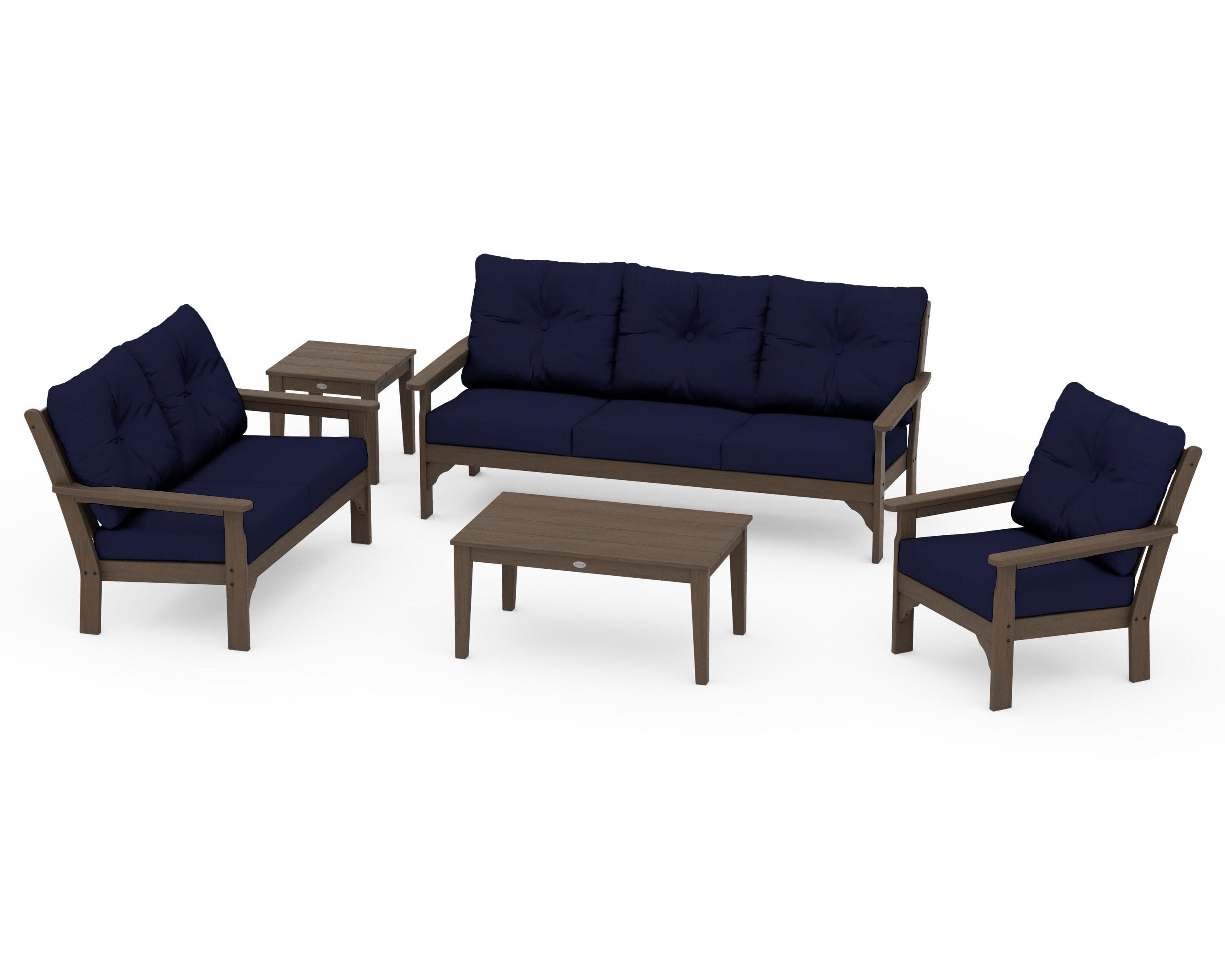 Vineyard 5 Piece Deep Seating Set in Kona / Navy