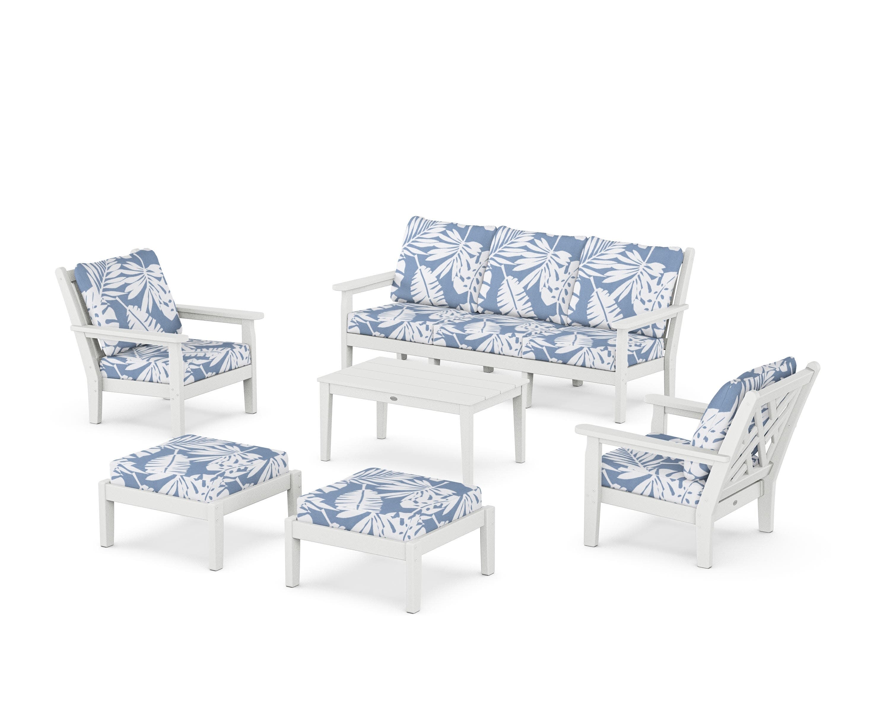 Chippendale 6-Piece Lounge Sofa Set in White / Leaf Sky Blue