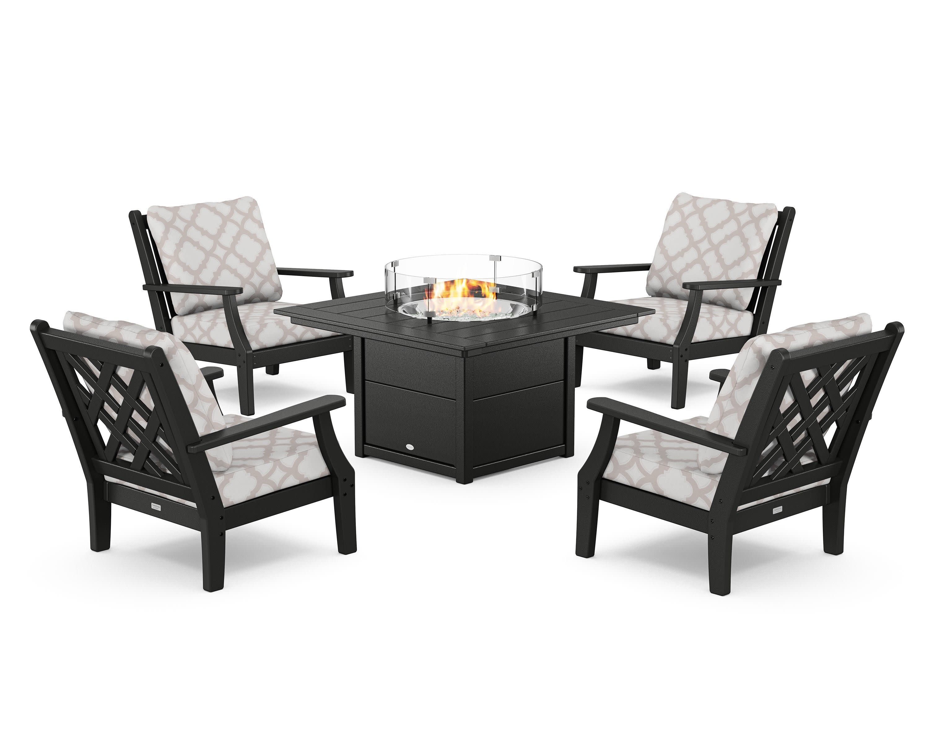 Wovendale 5-Piece Deep Seating Set with Fire Pit Table in Black / Trellis Dune Burlap