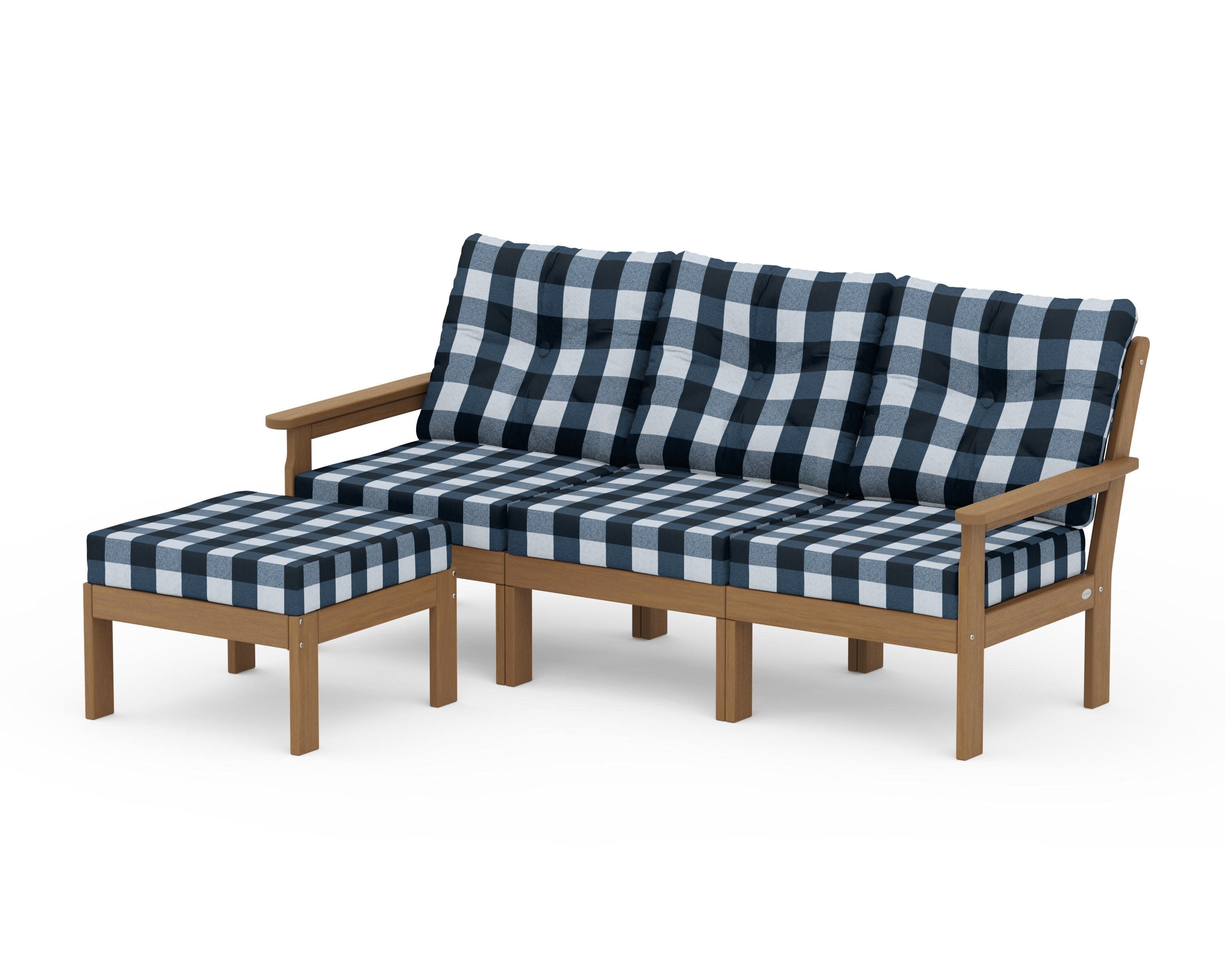 Vineyard 4-Piece Sectional with Ottoman in Natural / Buffalo Plaid Marine Indigo