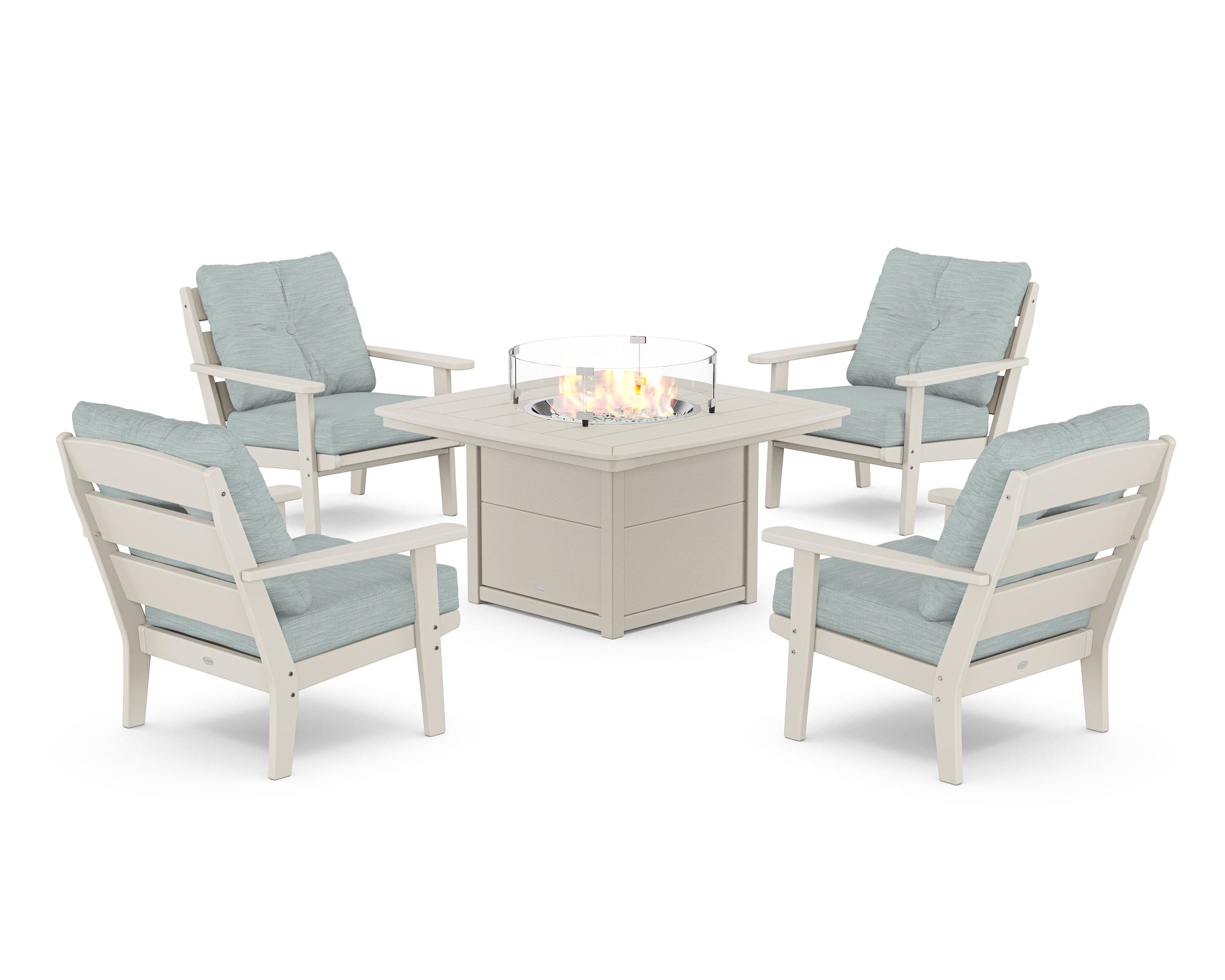 Lakeside 5-Piece Deep Seating Set with Nautical Fire Pit Table in Sand / Soothe Mist