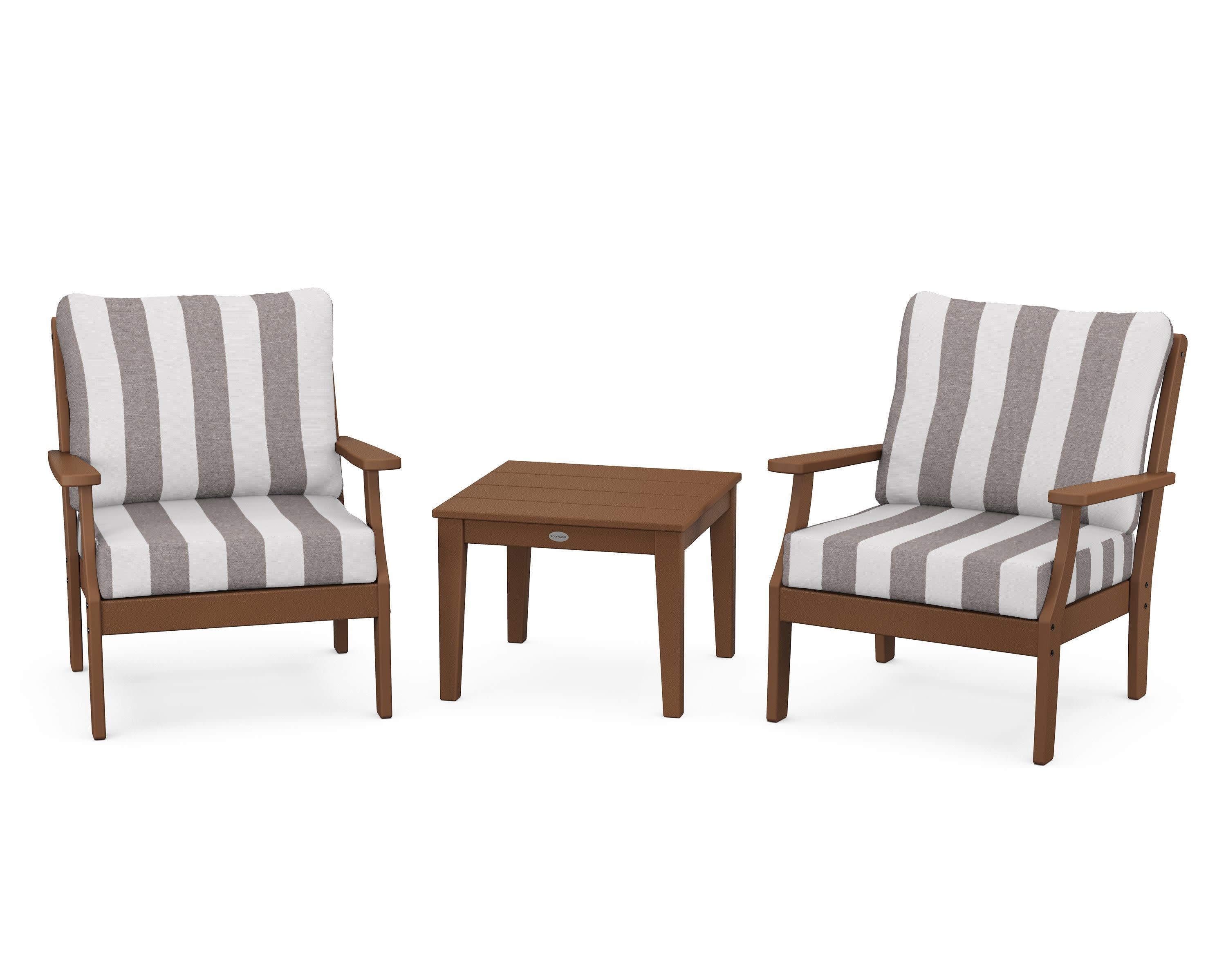Braxton 3-Piece Deep Seating Set in Teak / Cabana Stripe Grey Mist