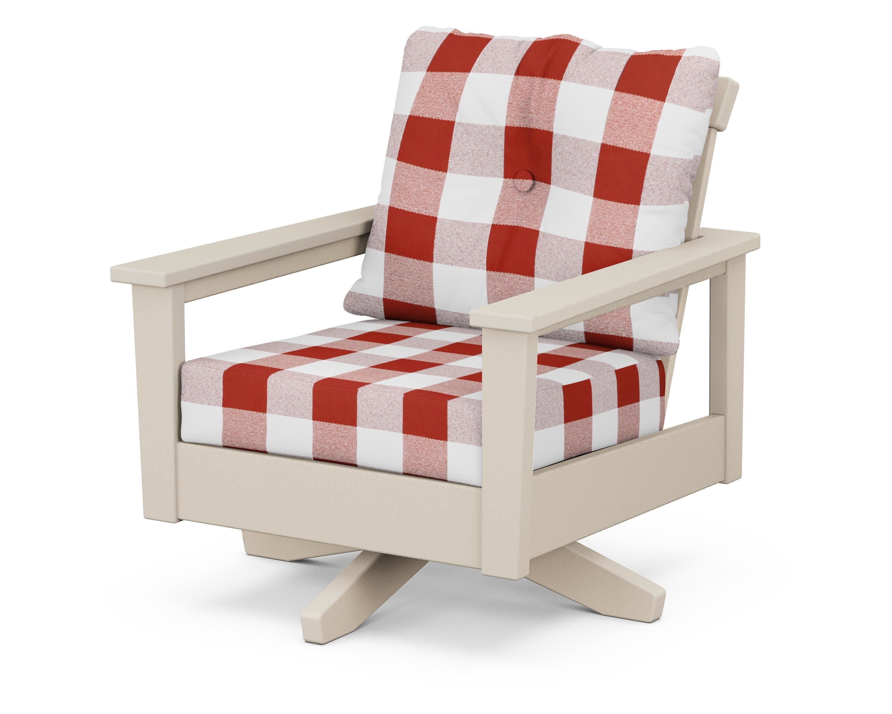 Prescott Deep Seating Swivel Chair in Sand / Buffalo Plaid Crimson