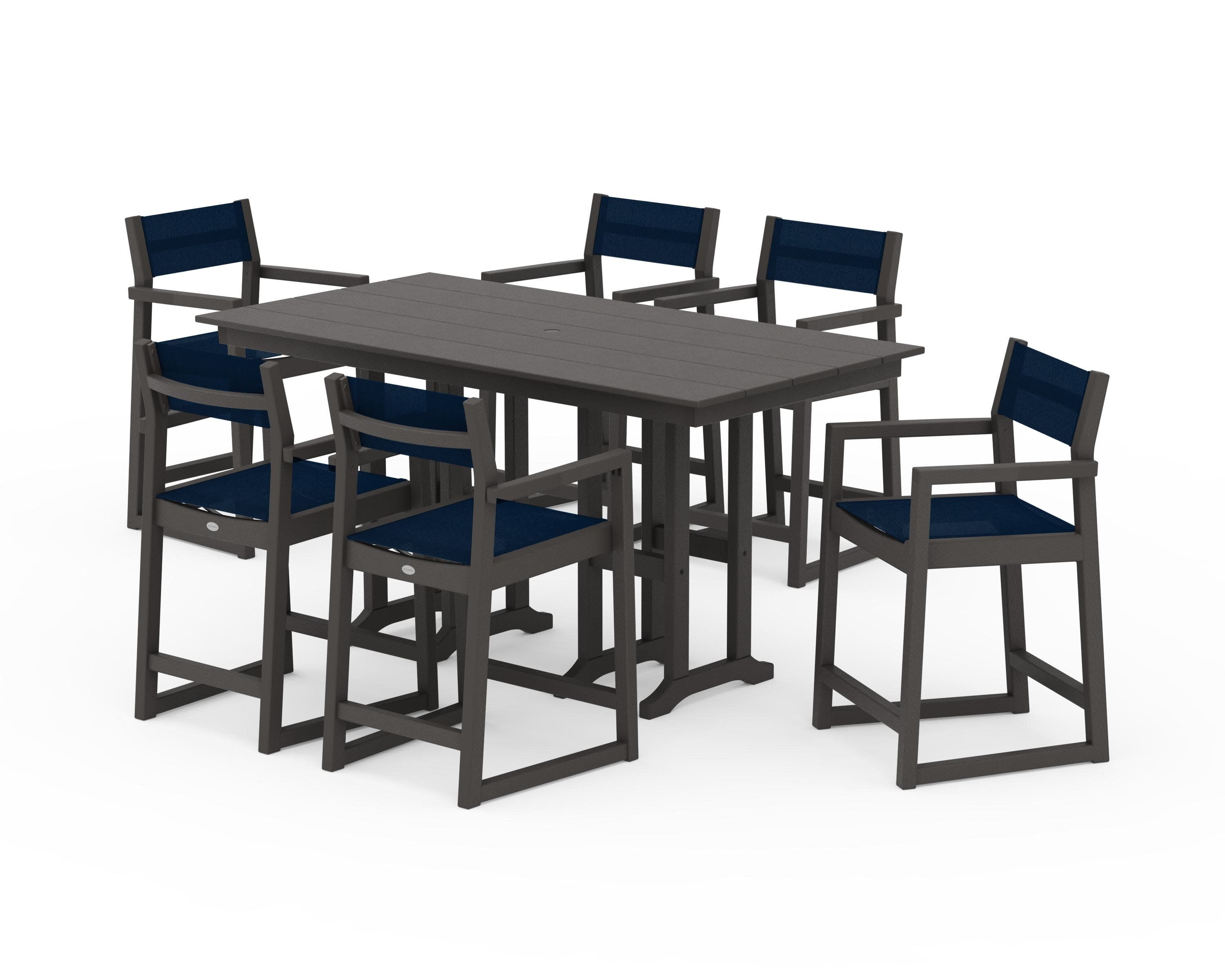 EDGE Sling Arm Chair 7-Piece Farmhouse Counter Set in Vintage Coffee / Navy Blue Sling