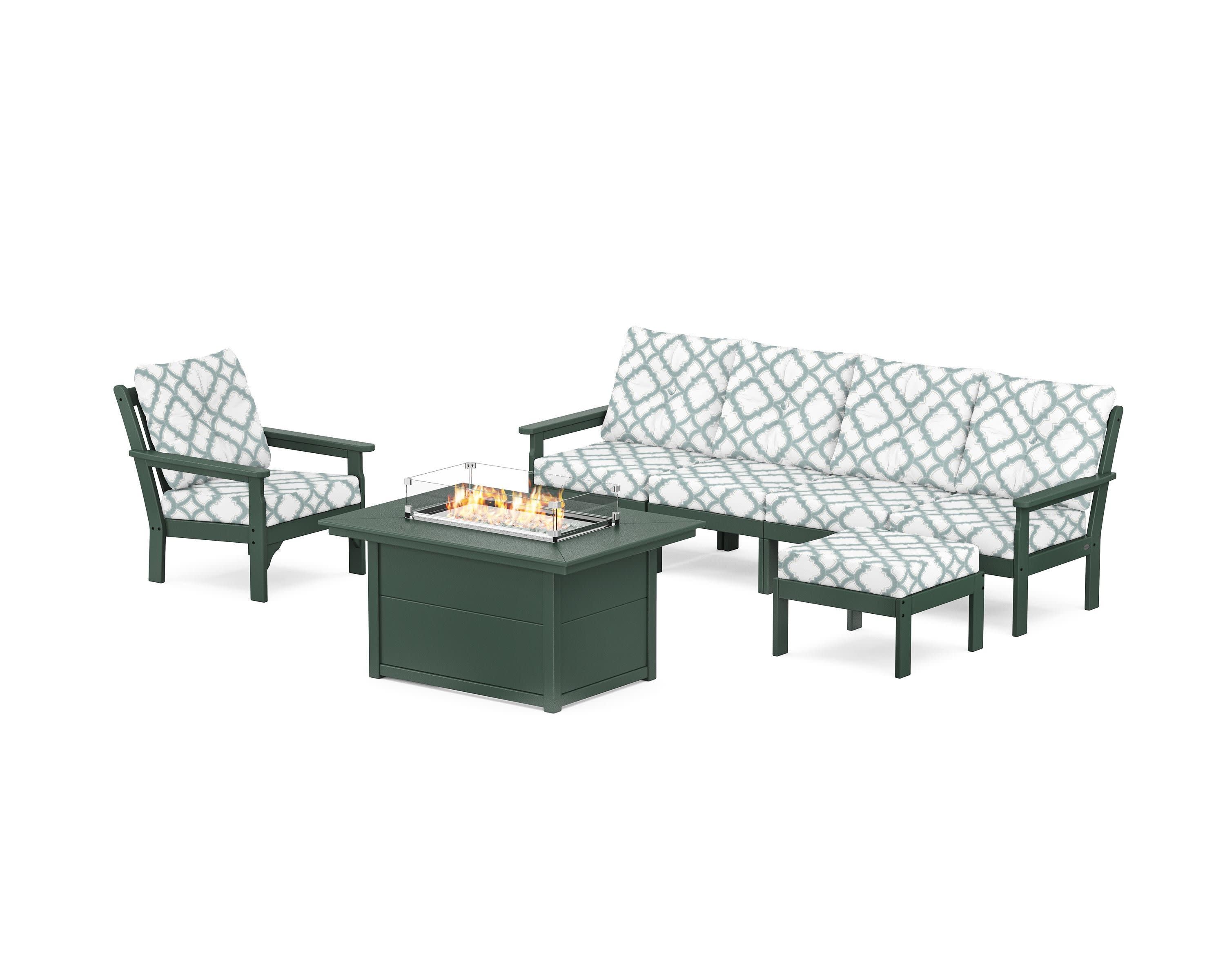 Vineyard Sectional Lounge and Fire Pit Set in Green / Trellis Glacier Spa
