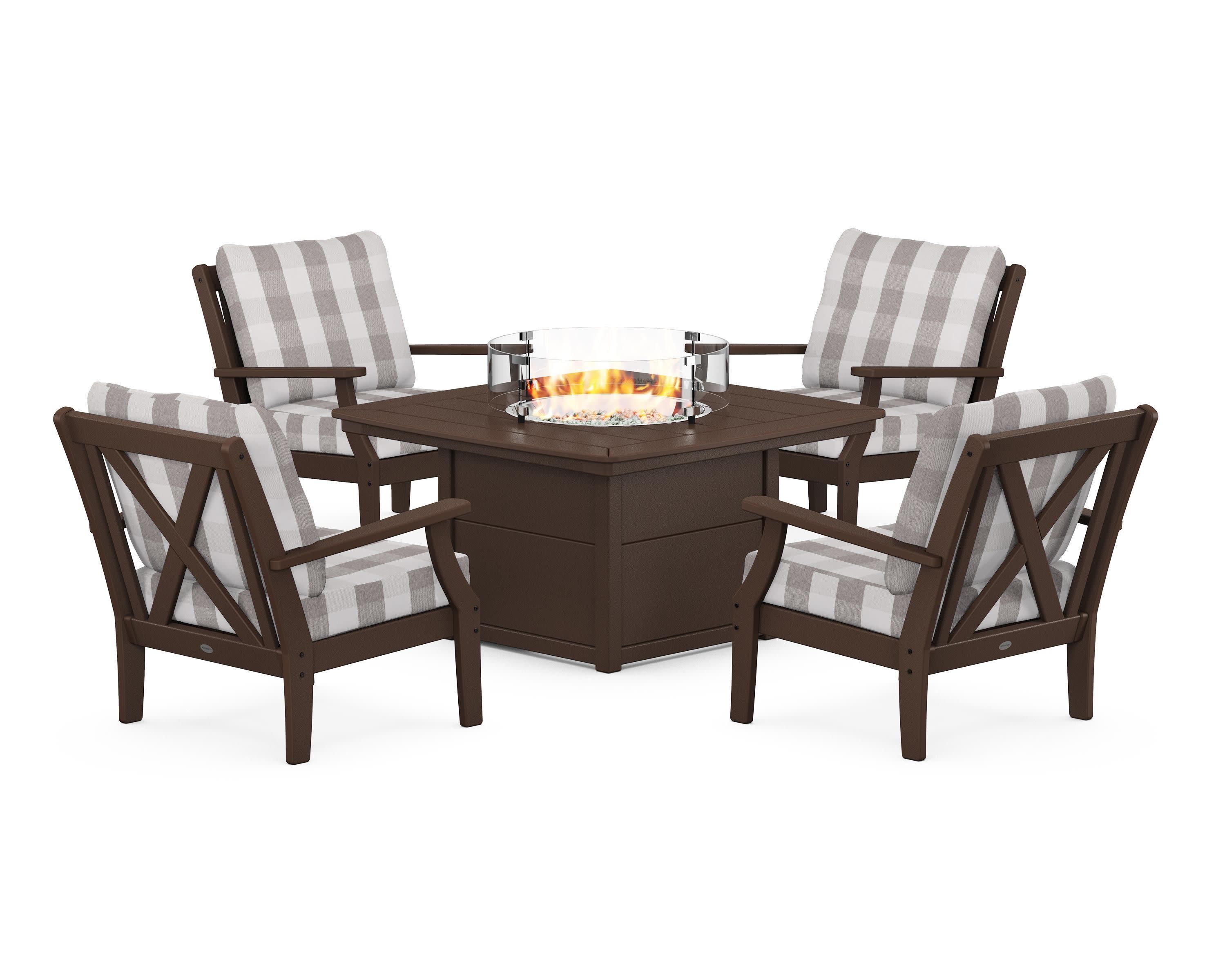 Braxton 5-Piece Deep Seating Conversation Set with Fire Pit Table in Mahogany / Buffalo Plaid Grey Mist