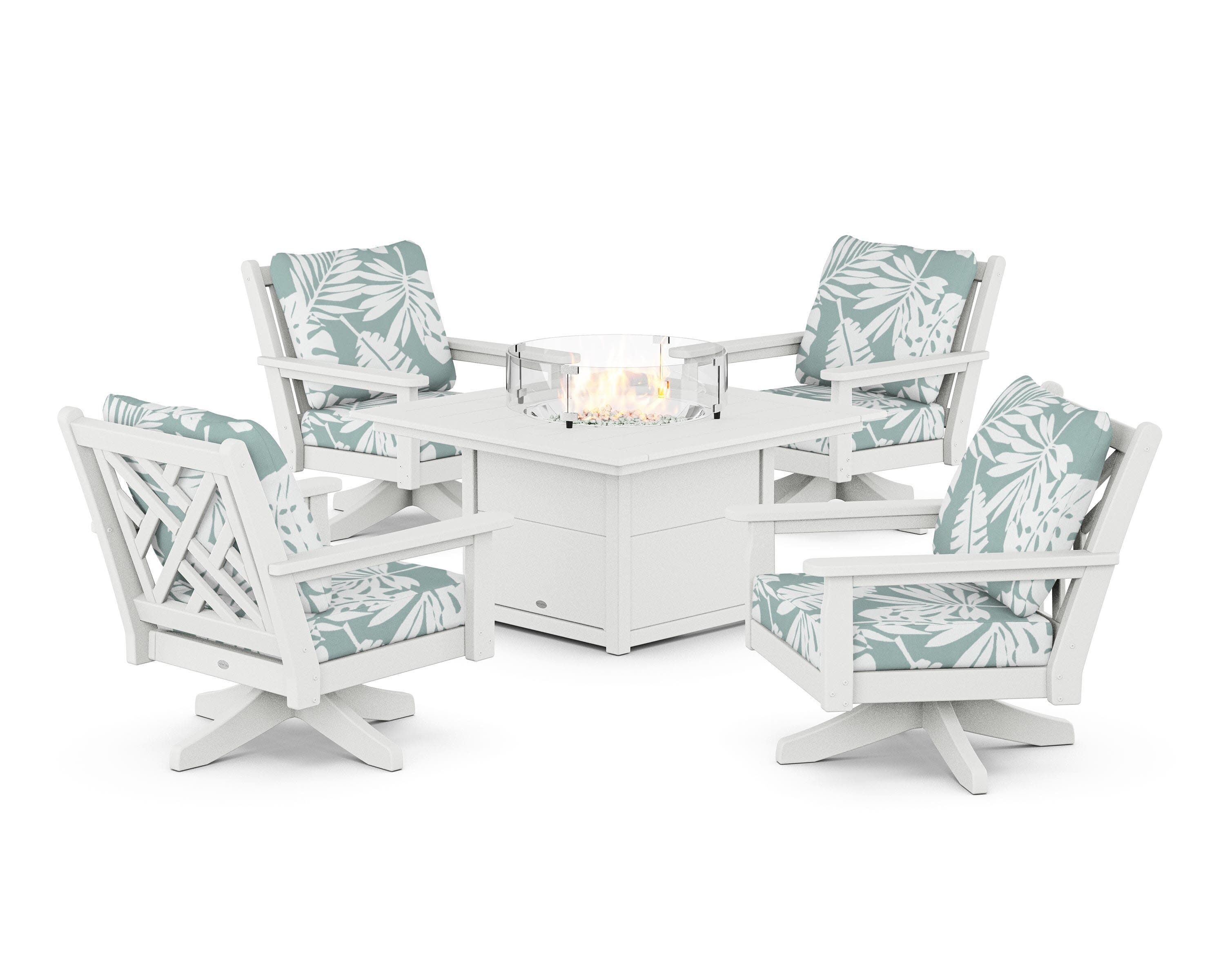 Chippendale 5-Piece Deep Seating Swivel Conversation Set with Fire Pit Table in White / Leaf Glacier Spa