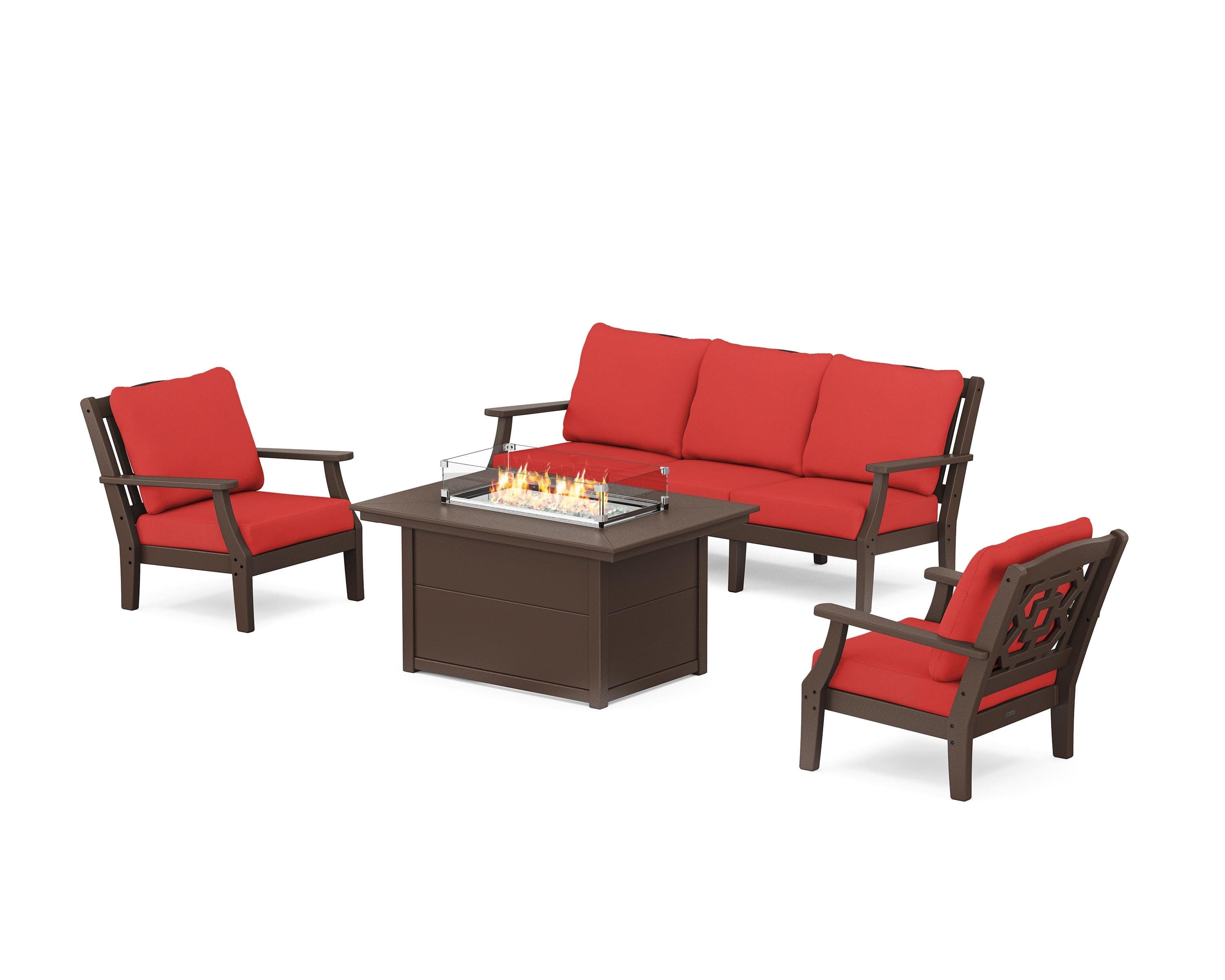 Chinoiserie Deep Seating Fire Pit Table Set in Mahogany / Crimson Linen