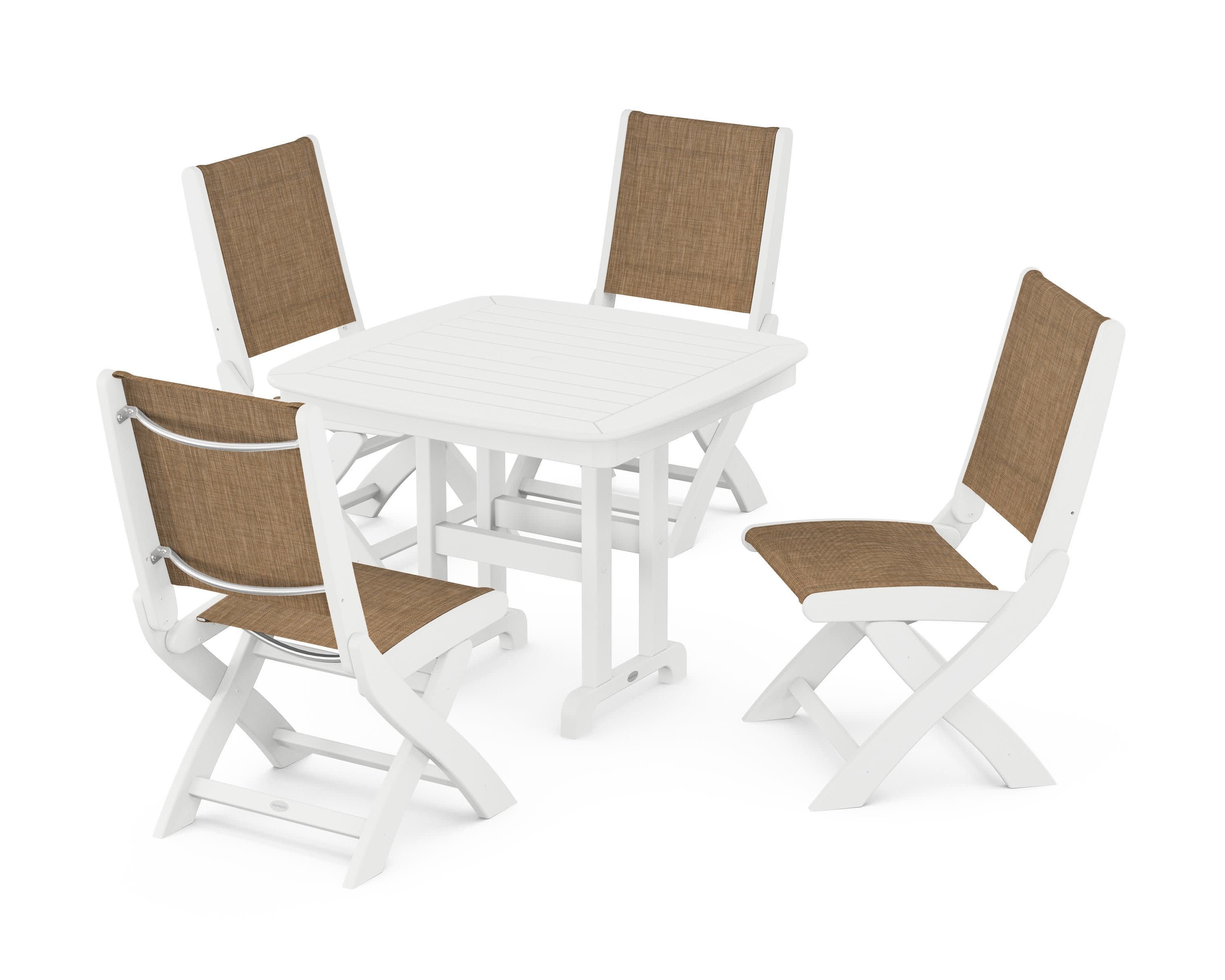 Coastal Folding Side Chair 5-Piece Dining Set in White / Burlap Sling