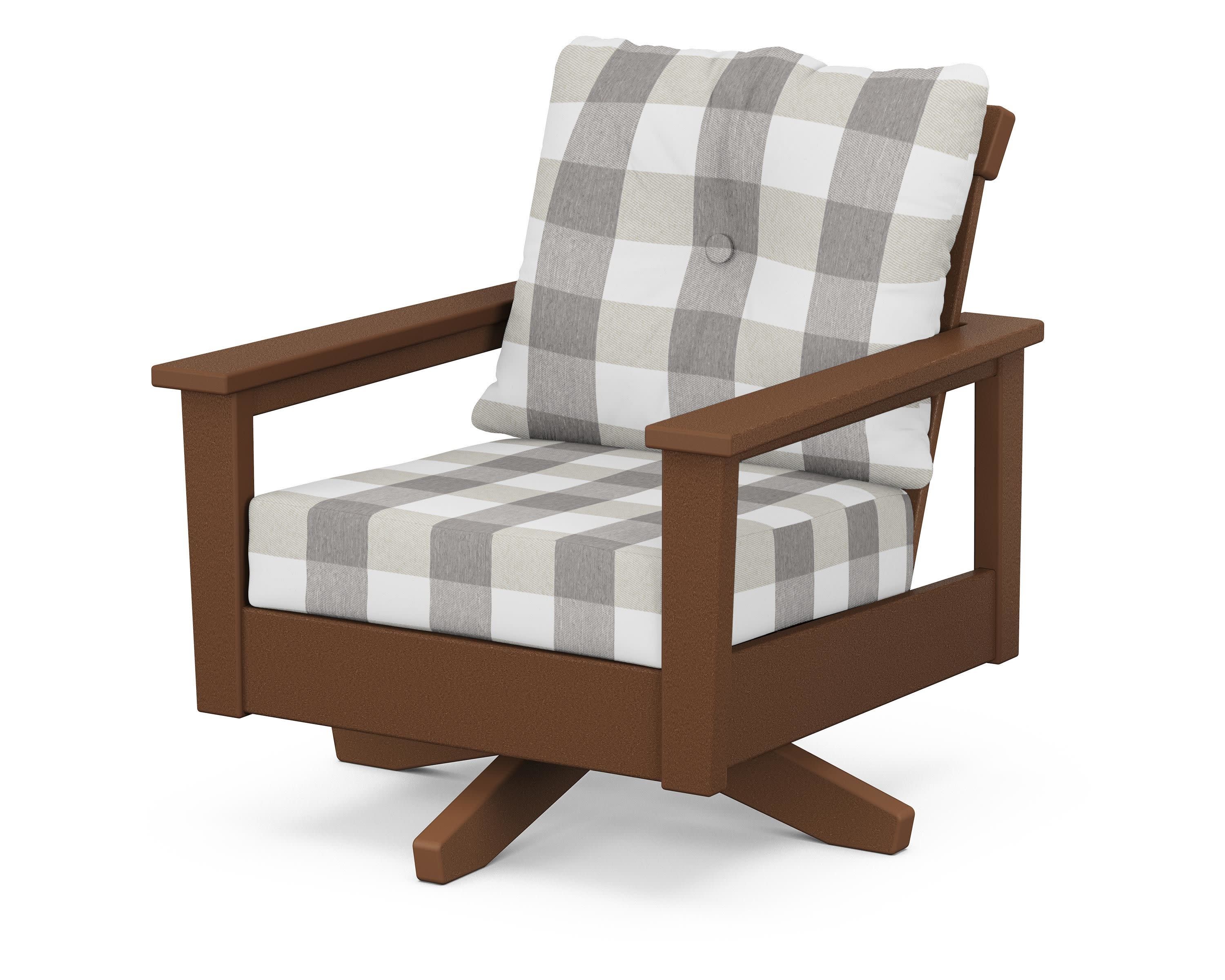 Prescott Deep Seating Swivel Chair in Teak / Buffalo Plaid Grey Mist