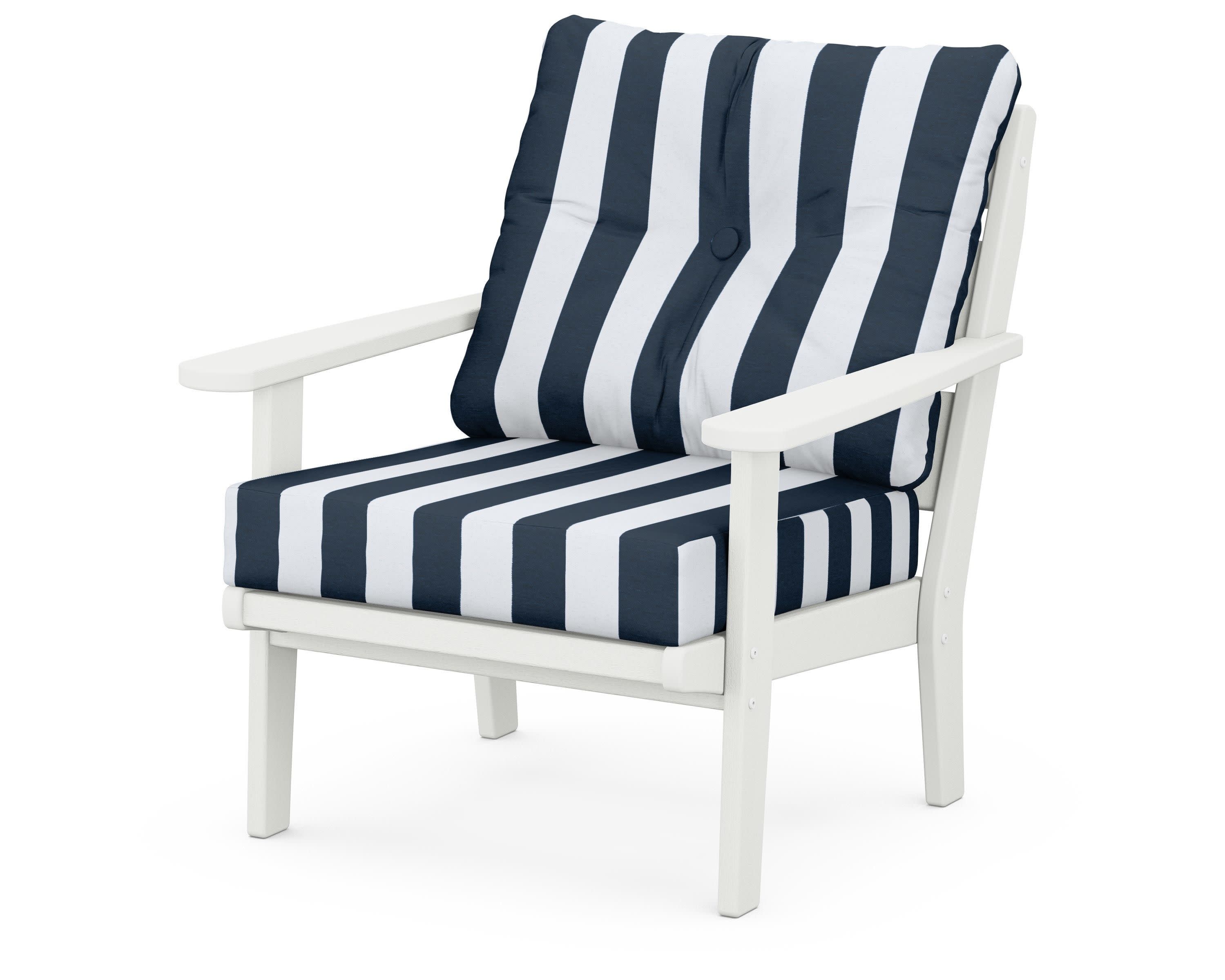Lakeside Deep Seating Chair in Vintage White / Cabana Stripe Marine Indigo