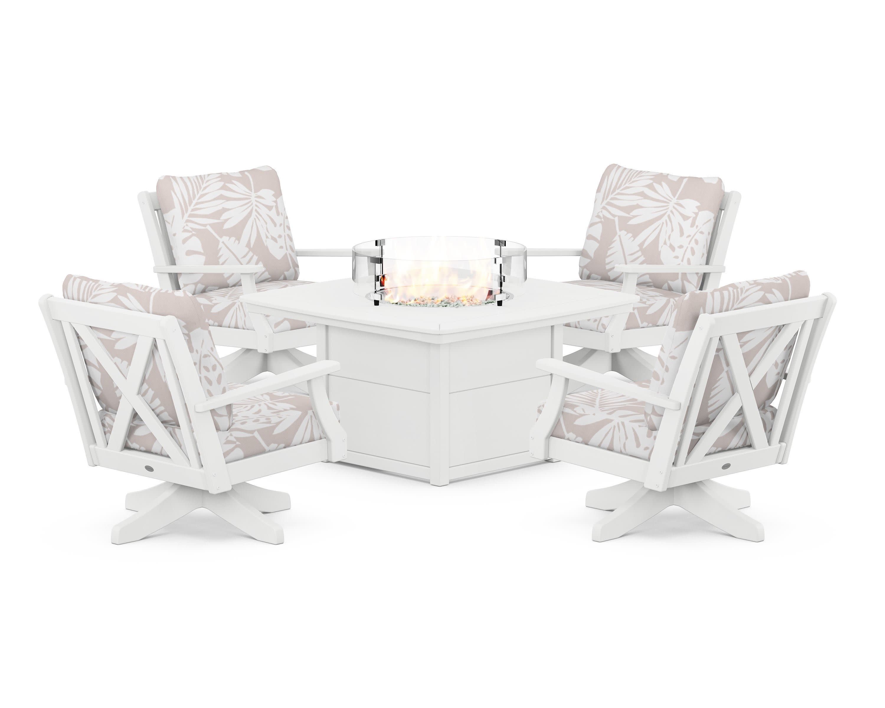 Braxton 5-Piece Deep Seating Swivel Conversation Set with Fire Pit Table in White / Leaf Dune Burlap