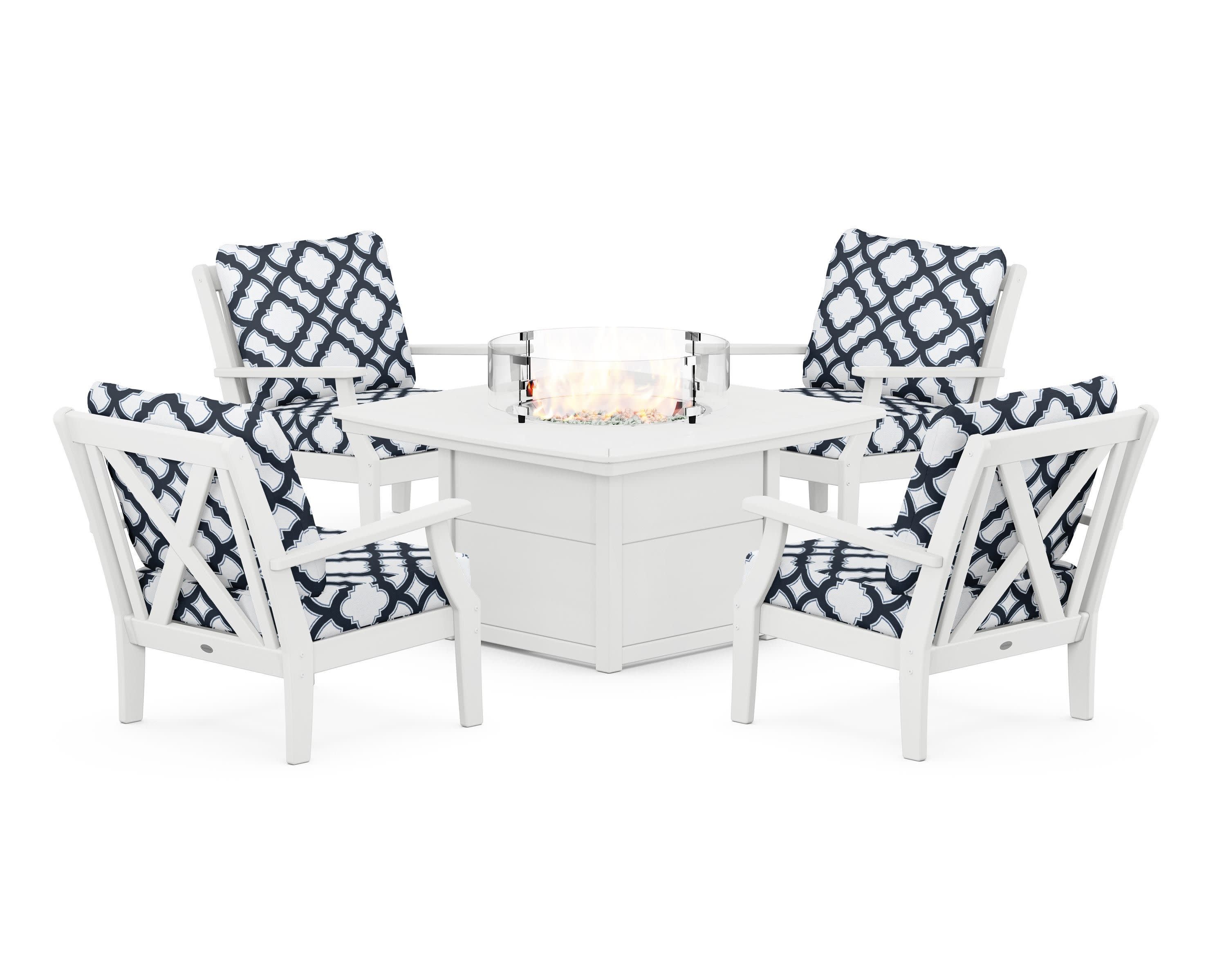 Braxton 5-Piece Deep Seating Conversation Set with Fire Pit Table in White / Trellis Marine Indigo
