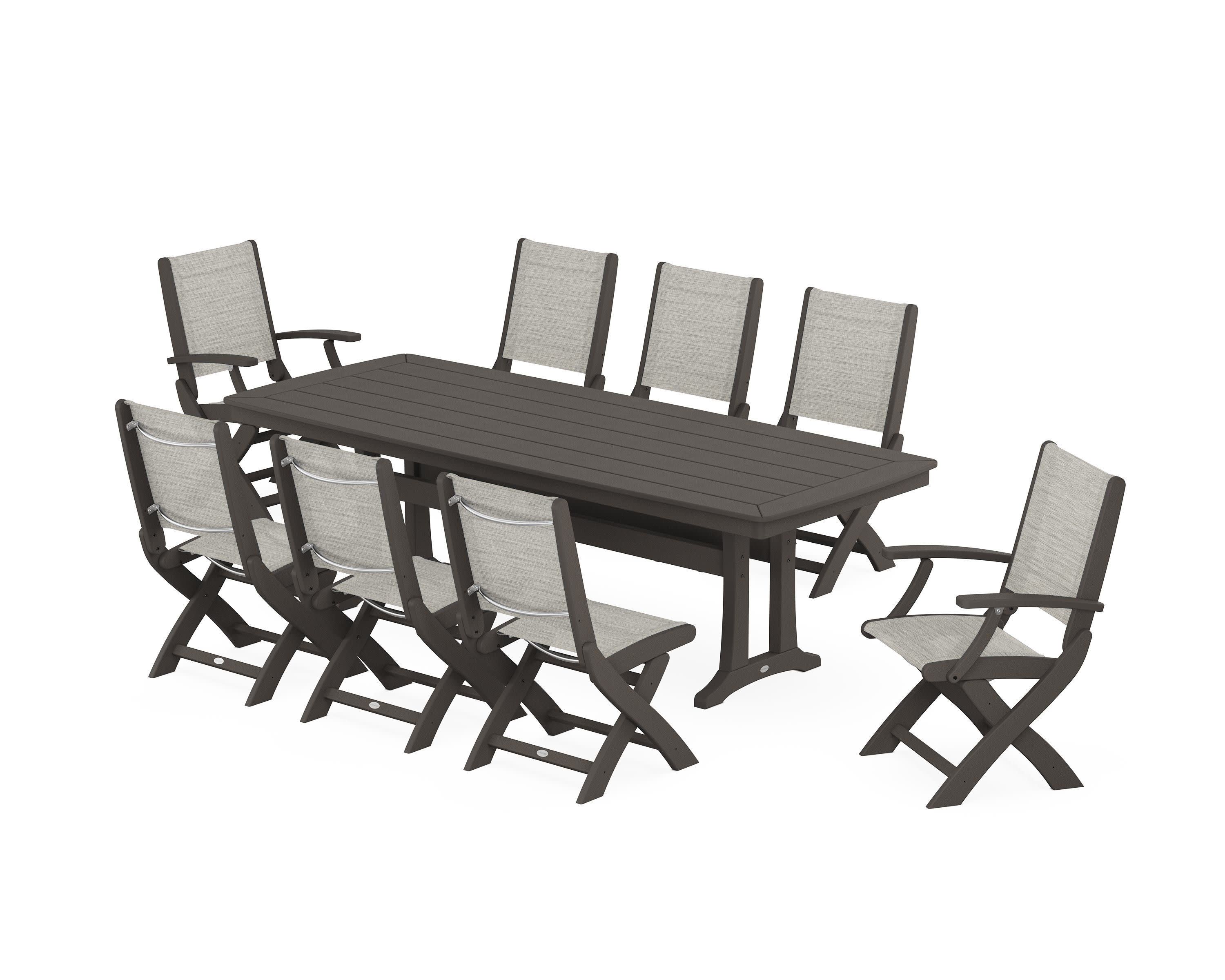 Coastal Folding 9-Piece Dining Set with Trestle Legs in Vintage Coffee / Birch Sling