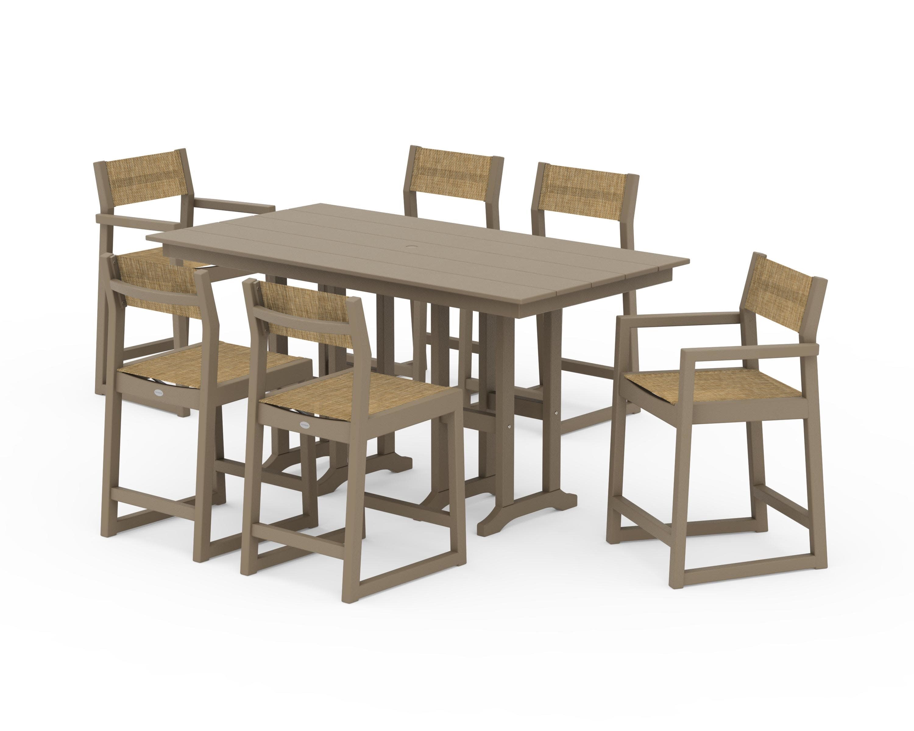 EDGE Sling 7-Piece Farmhouse Counter Set with Trestle Legs in Vintage Sahara / Burlap Sling