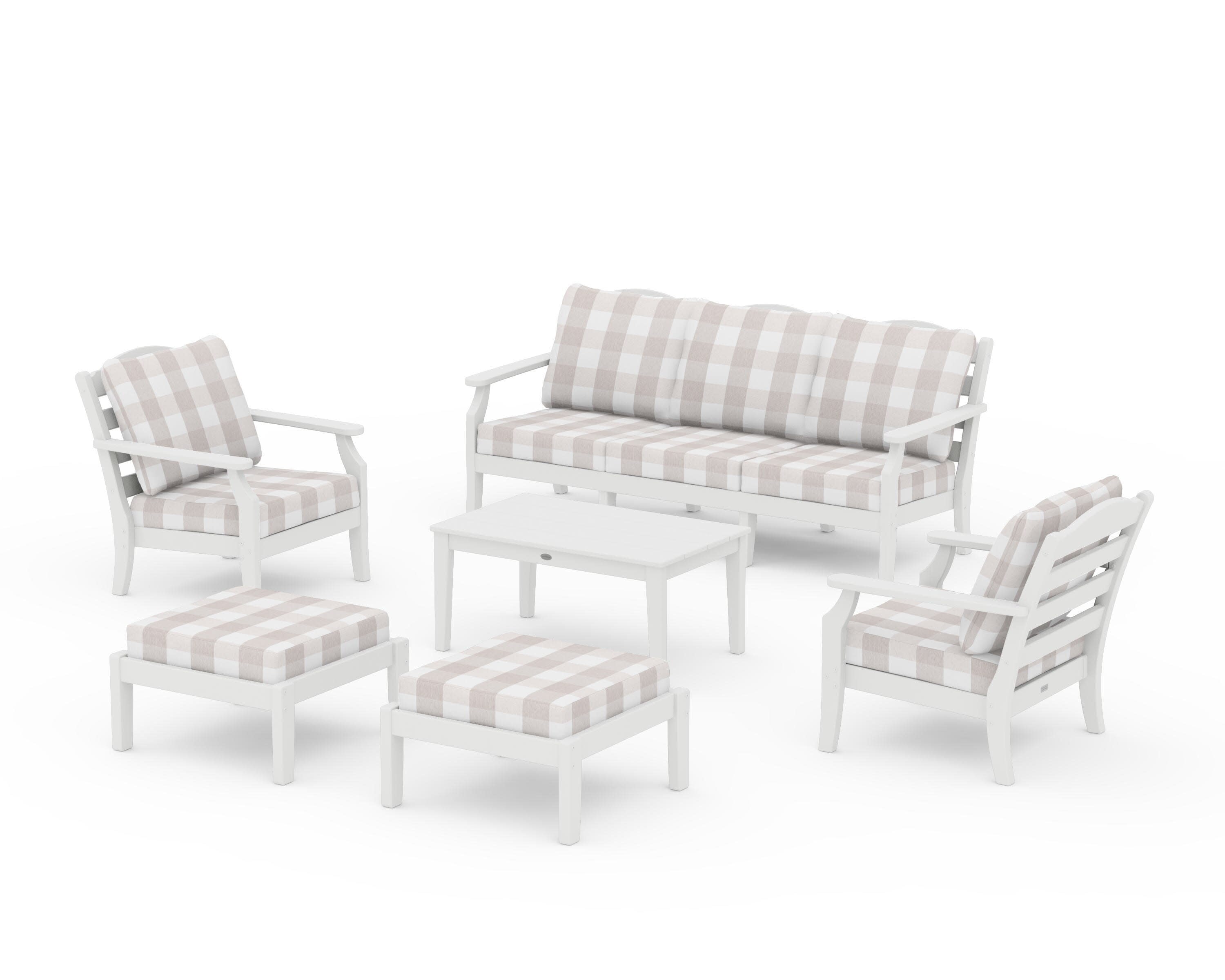 Savannah 6-Piece Lounge Sofa Set in White / Buffalo Plaid Dune Burlap