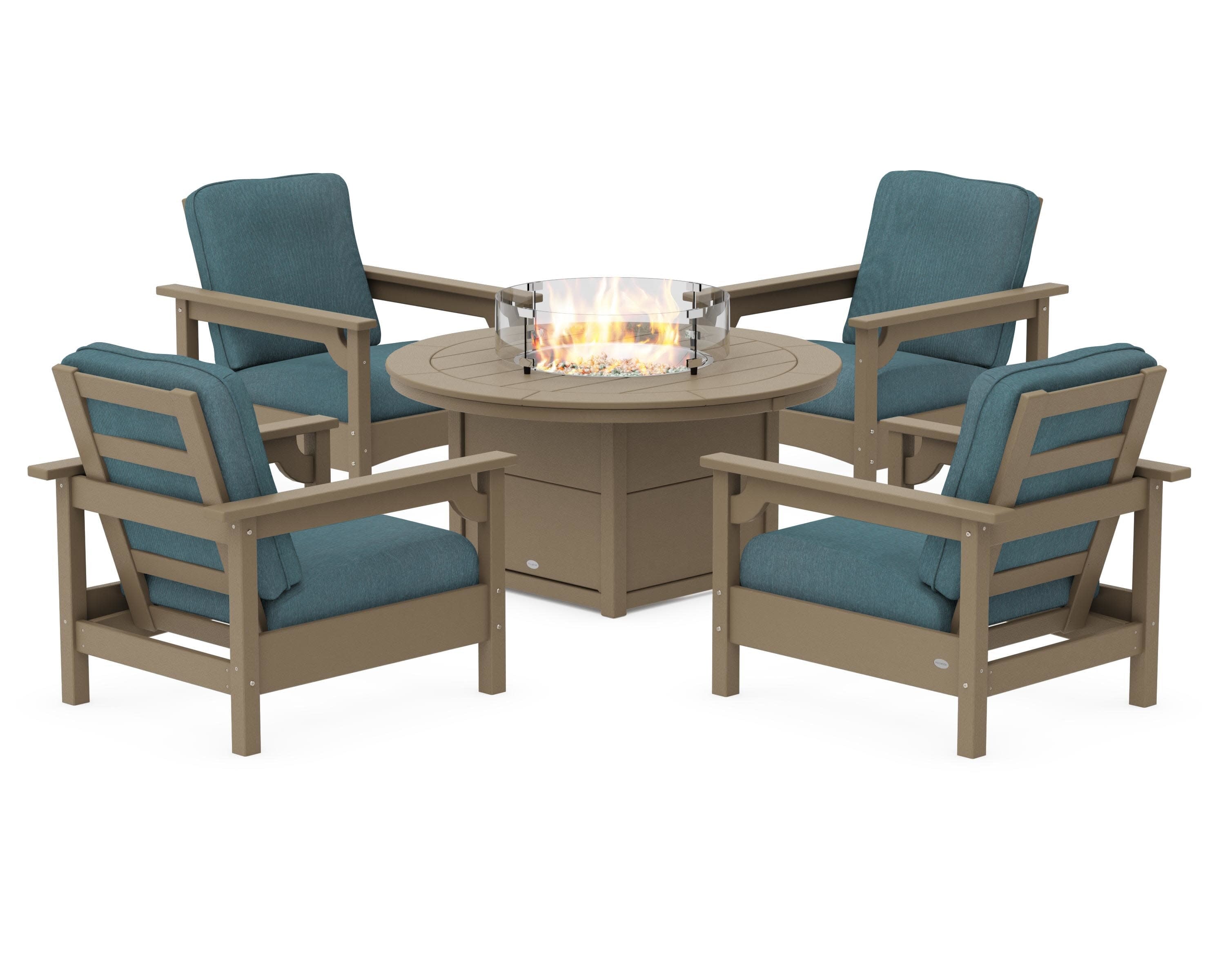 Club 5-Piece Conversation Set with Fire Pit Table in Vintage Sahara / Ocean Teal