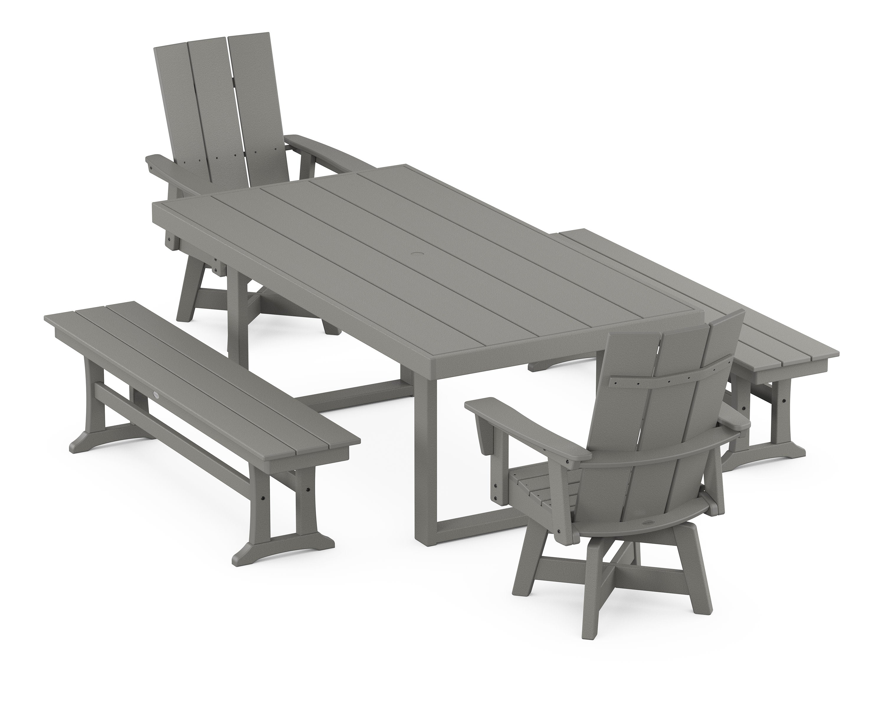 Modern Adirondack Swivel Chair 5-Piece Dining Set with Benches in Slate Grey