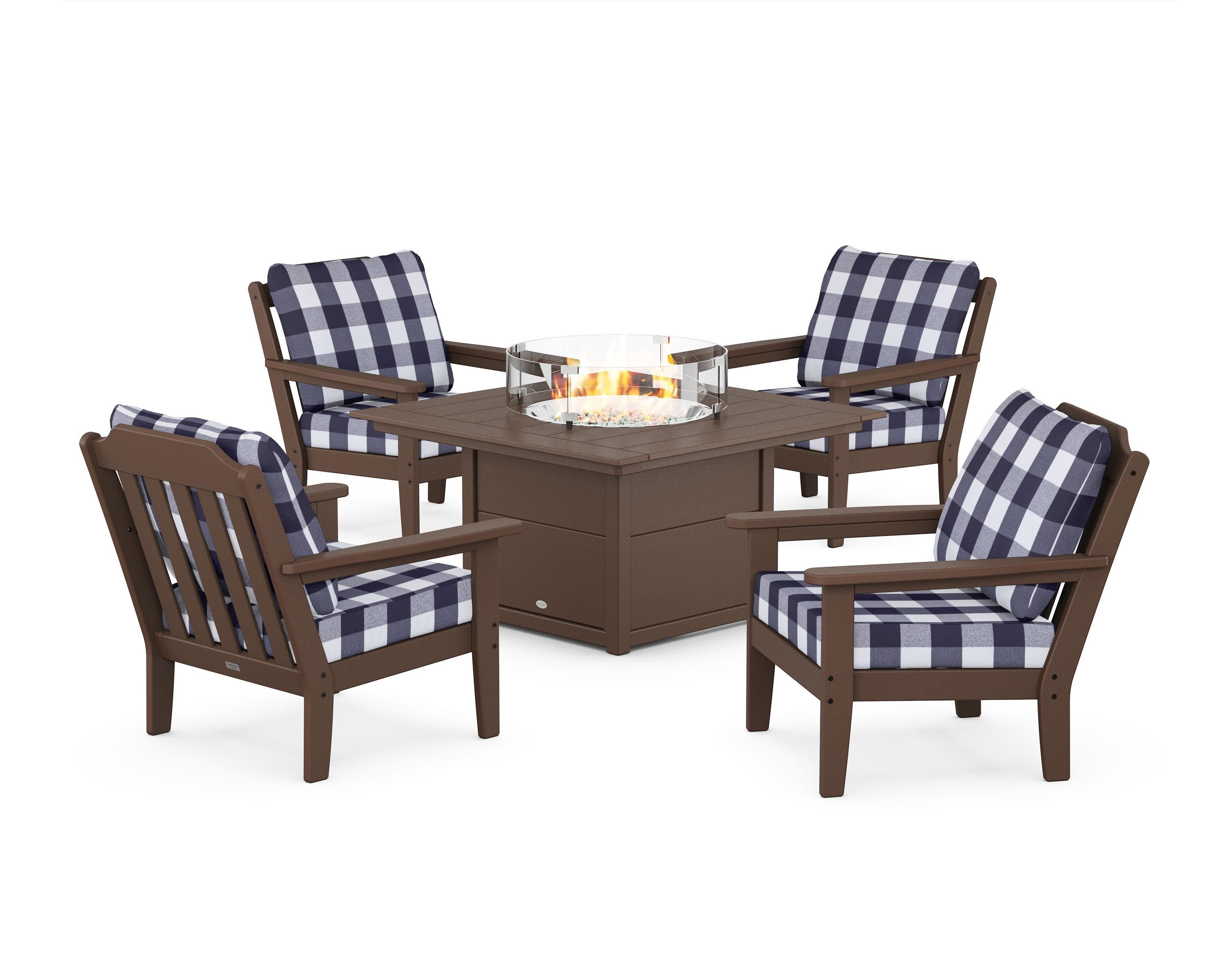 Cottage 5-Piece Deep Seating Set with Fire Pit Table in Mahogany / Buffalo Plaid Navy