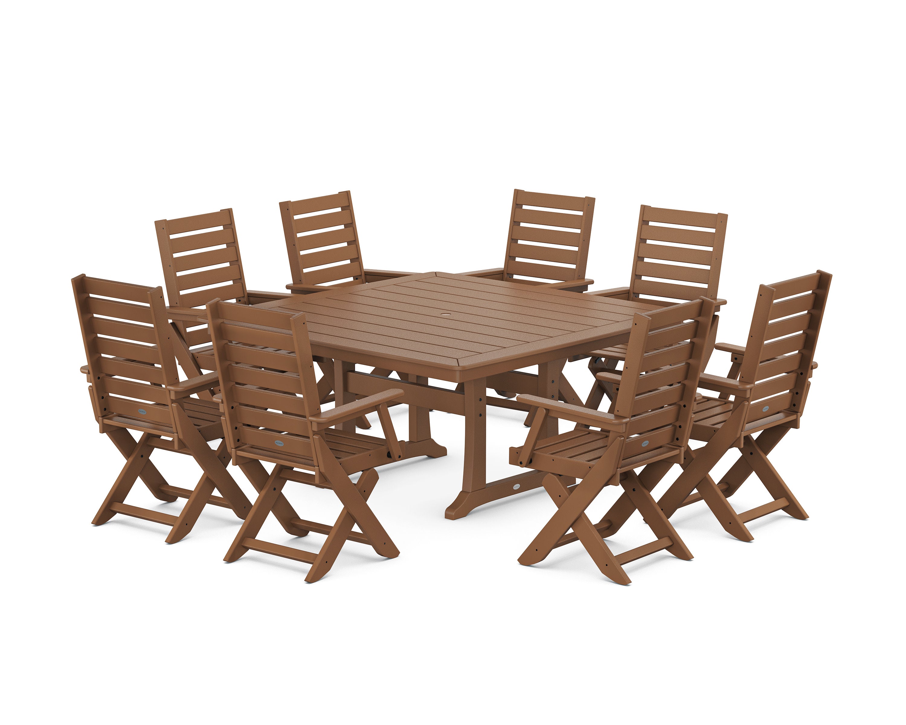 Captain Folding Chair 9-Piece Square Dining Set with Trestle Legs in Teak