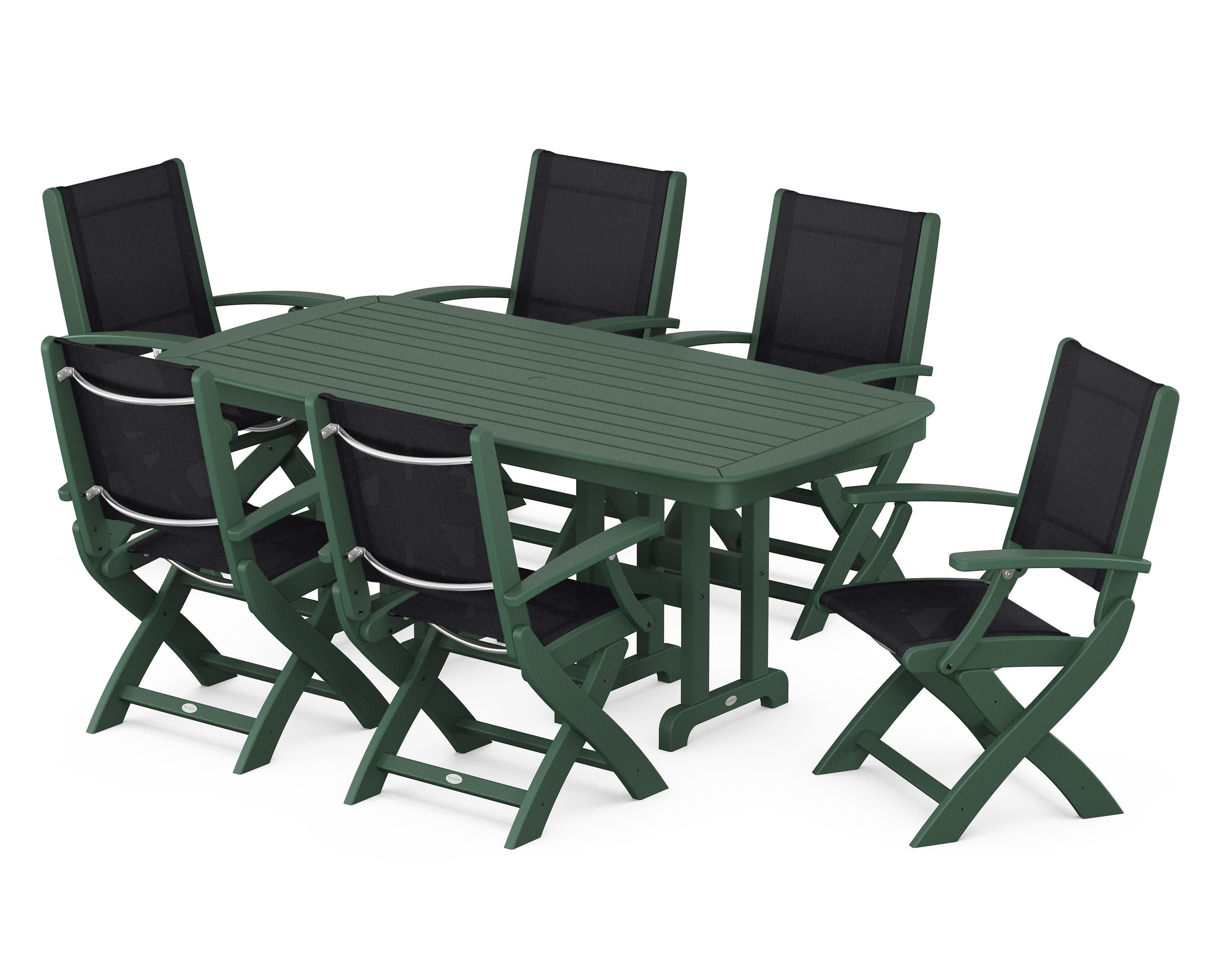 Coastal Folding Arm Chair 7-Piece Dining Set in Green / Black Sling