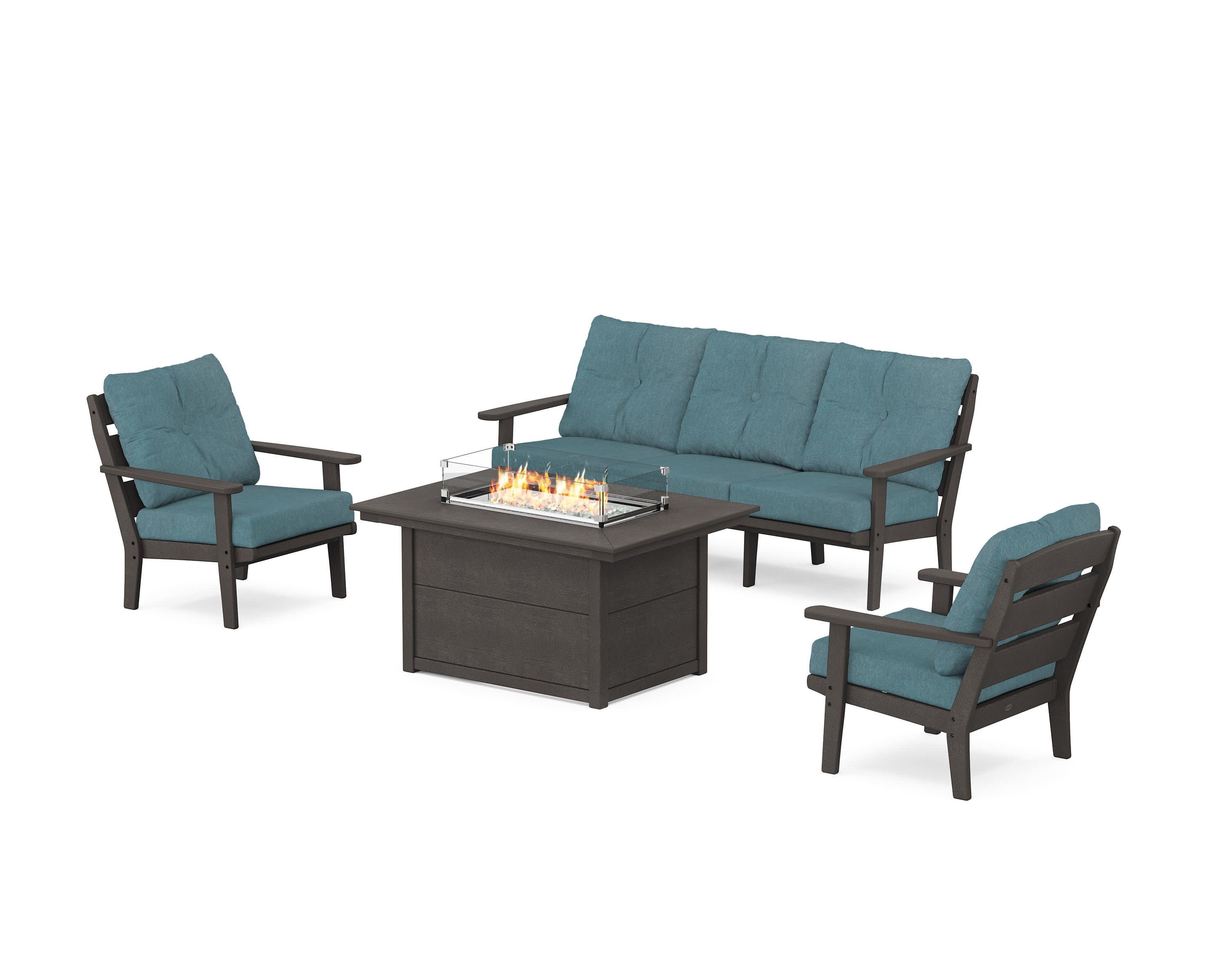 Lakeside Deep Seating Fire Pit Table Set in Vintage Coffee / Ocean Teal