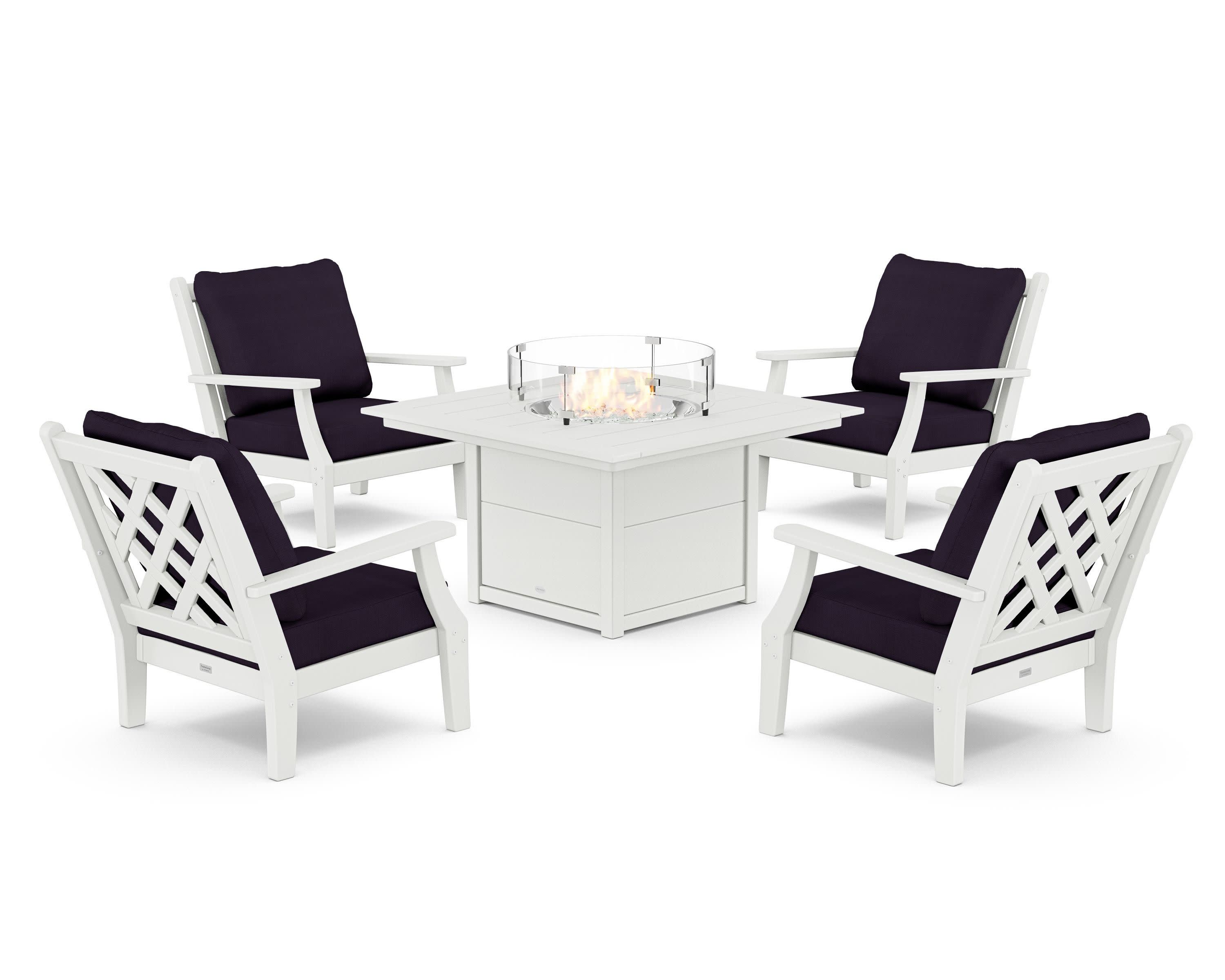 Wovendale 5-Piece Deep Seating Set with Fire Pit Table in White / Navy Linen