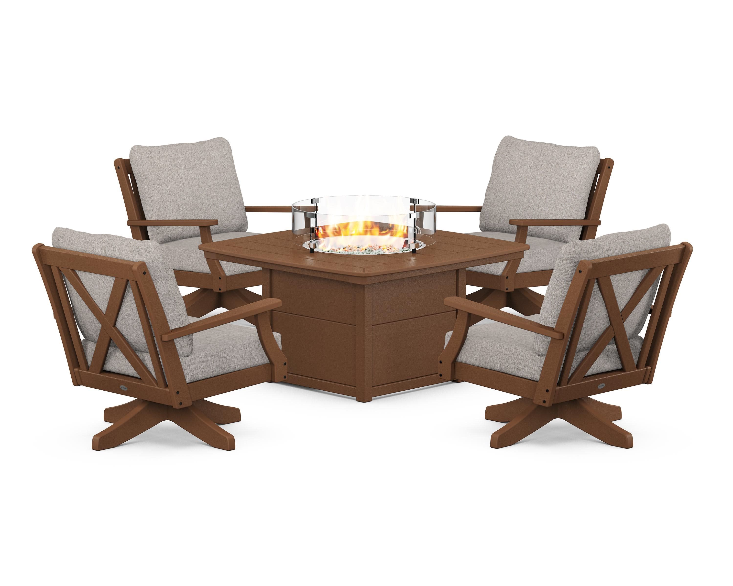 Braxton 5-Piece Deep Seating Swivel Conversation Set with Fire Pit Table in Teak / Weathered Tweed