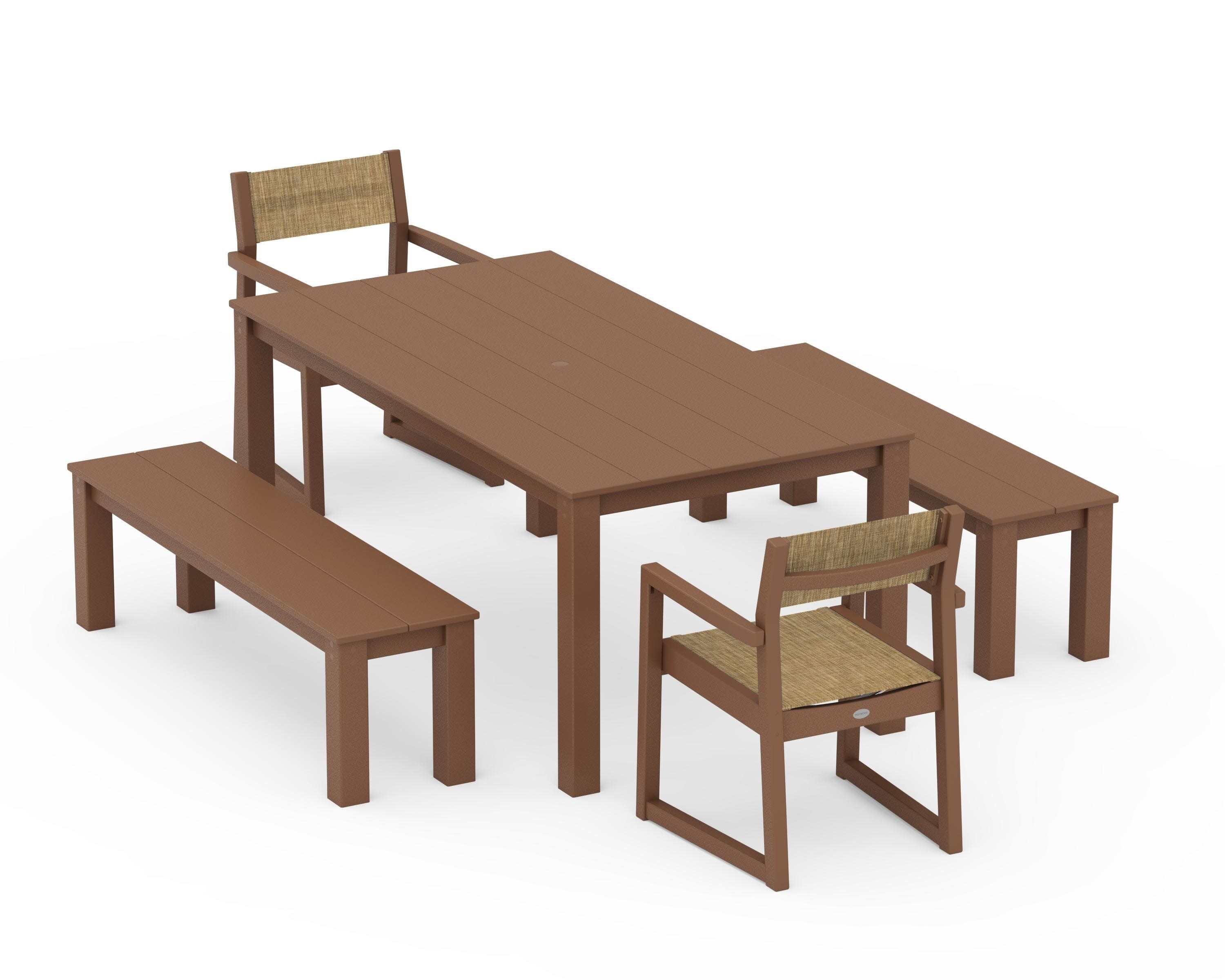 EDGE Sling Arm Chair 5-Piece Parsons Dining Set with Benches in Teak / Burlap Sling