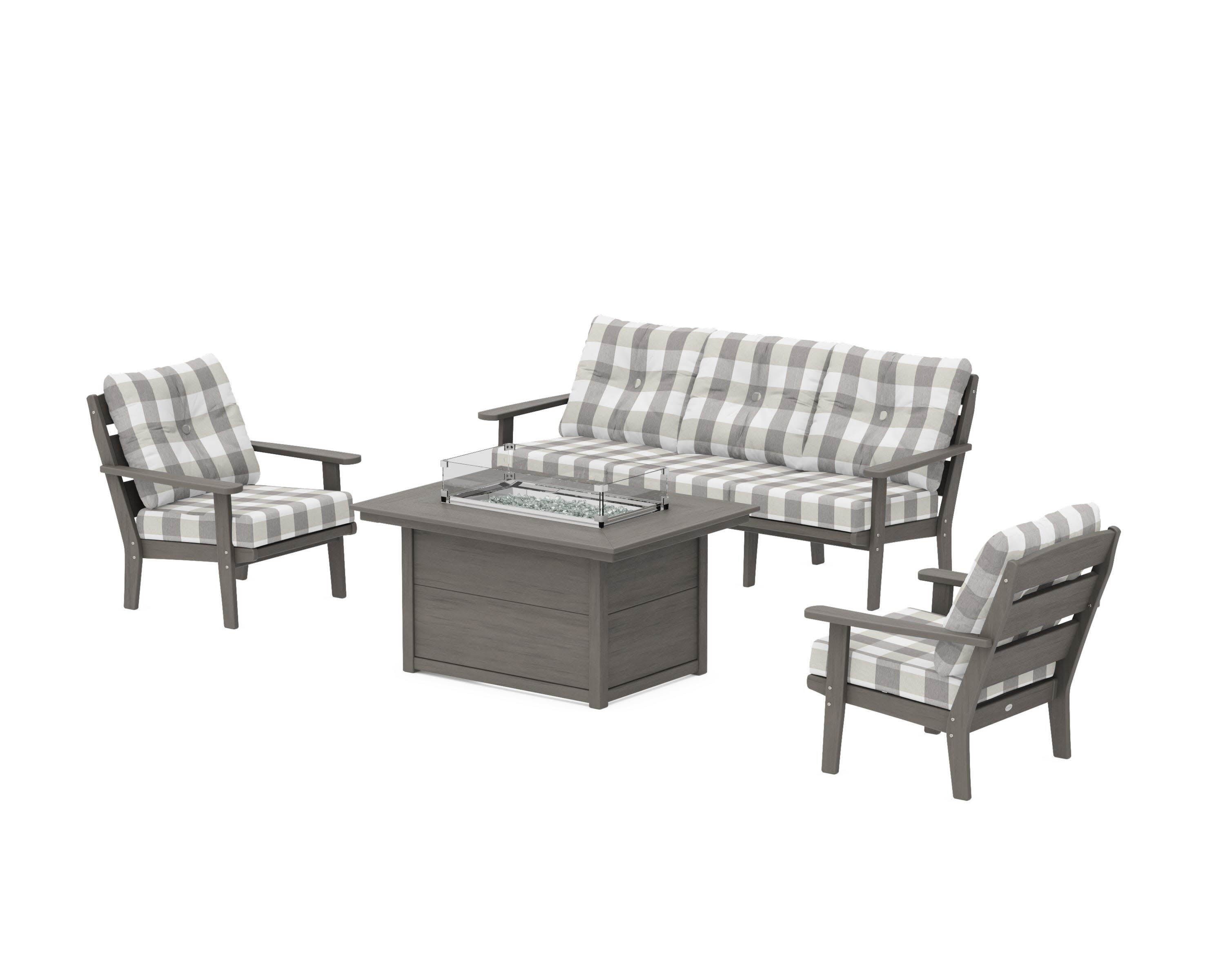 Lakeside Deep Seating Fire Pit Table Set in Driftwood / Buffalo Plaid Grey Mist