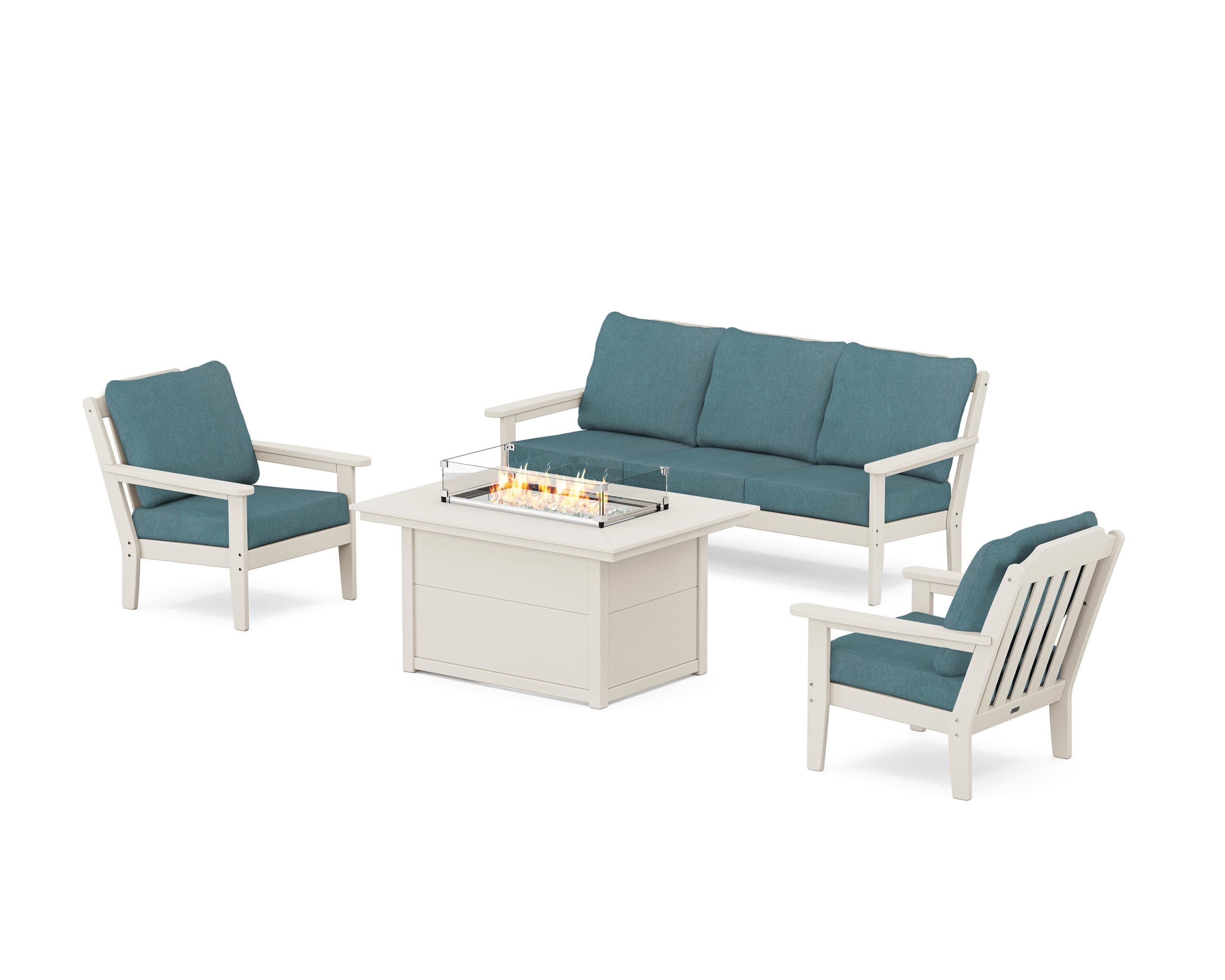 Cottage Deep Seating Fire Pit Table Set in Sand / Ocean Teal