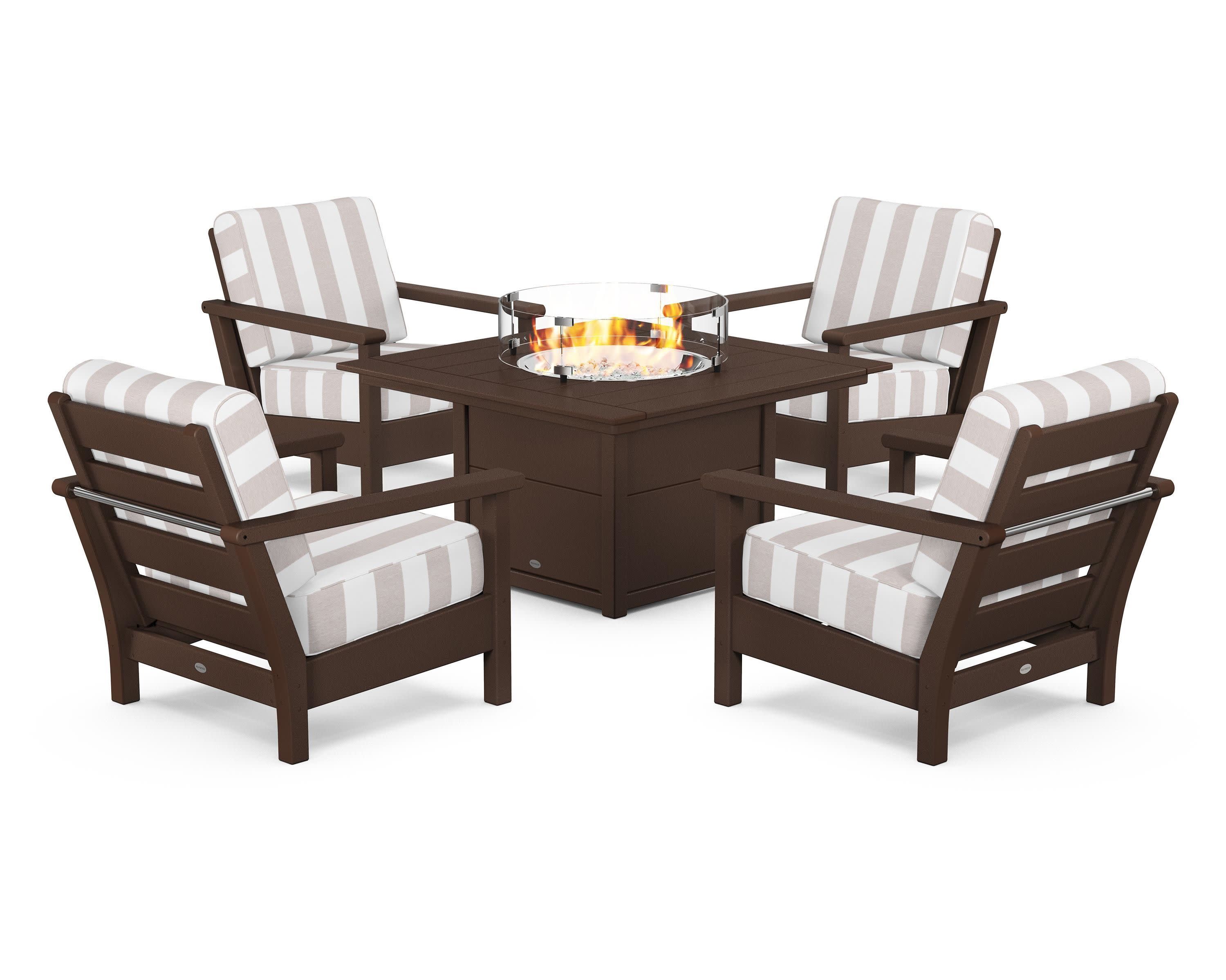 Harbour 5-Piece Conversation Set with Fire Pit Table in Mahogany / Cabana Stripe Dune Burlap