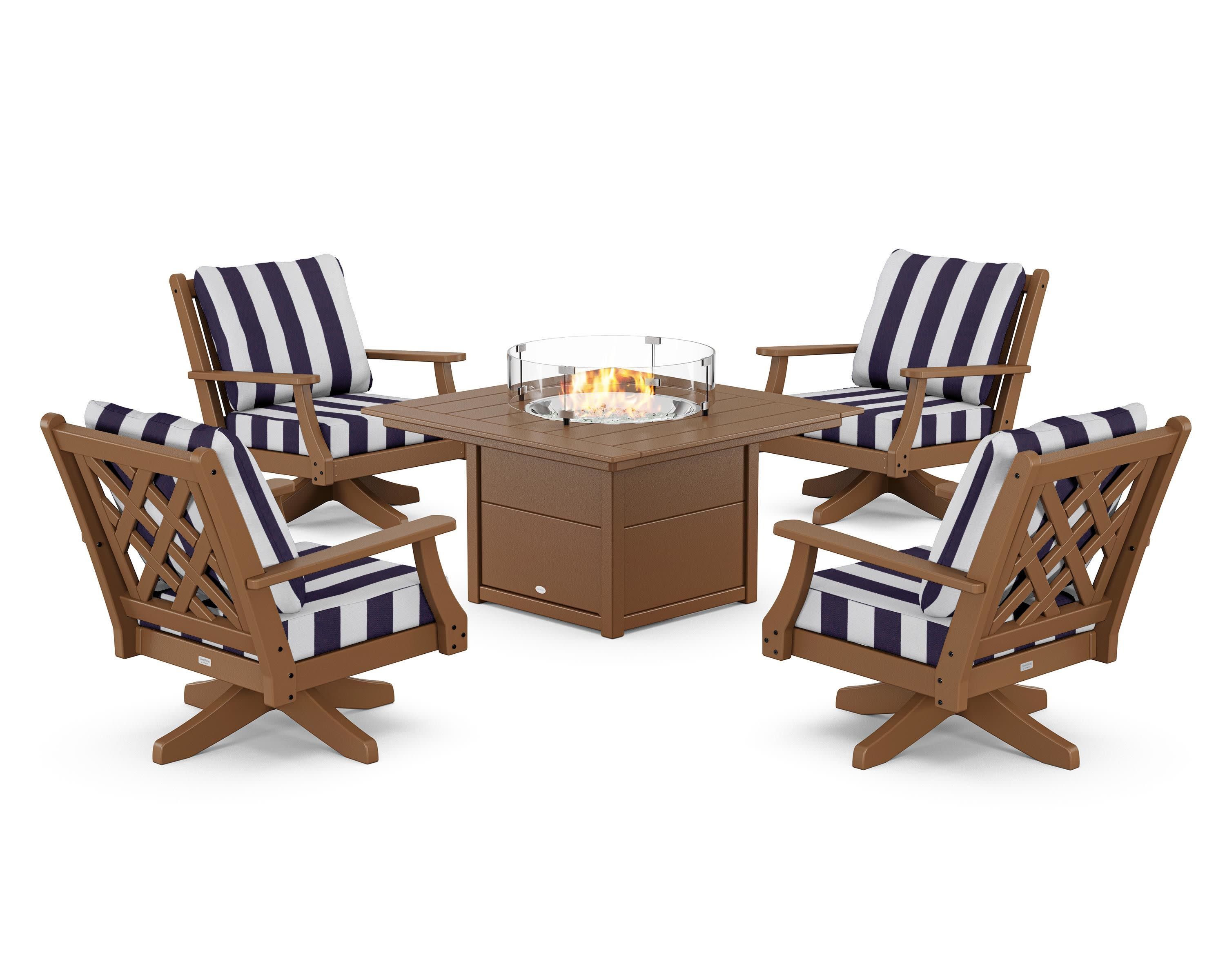 Wovendale 5-Piece Deep Seating Swivel Conversation Set with Fire Pit Table in Teak / Cabana Stripe Navy
