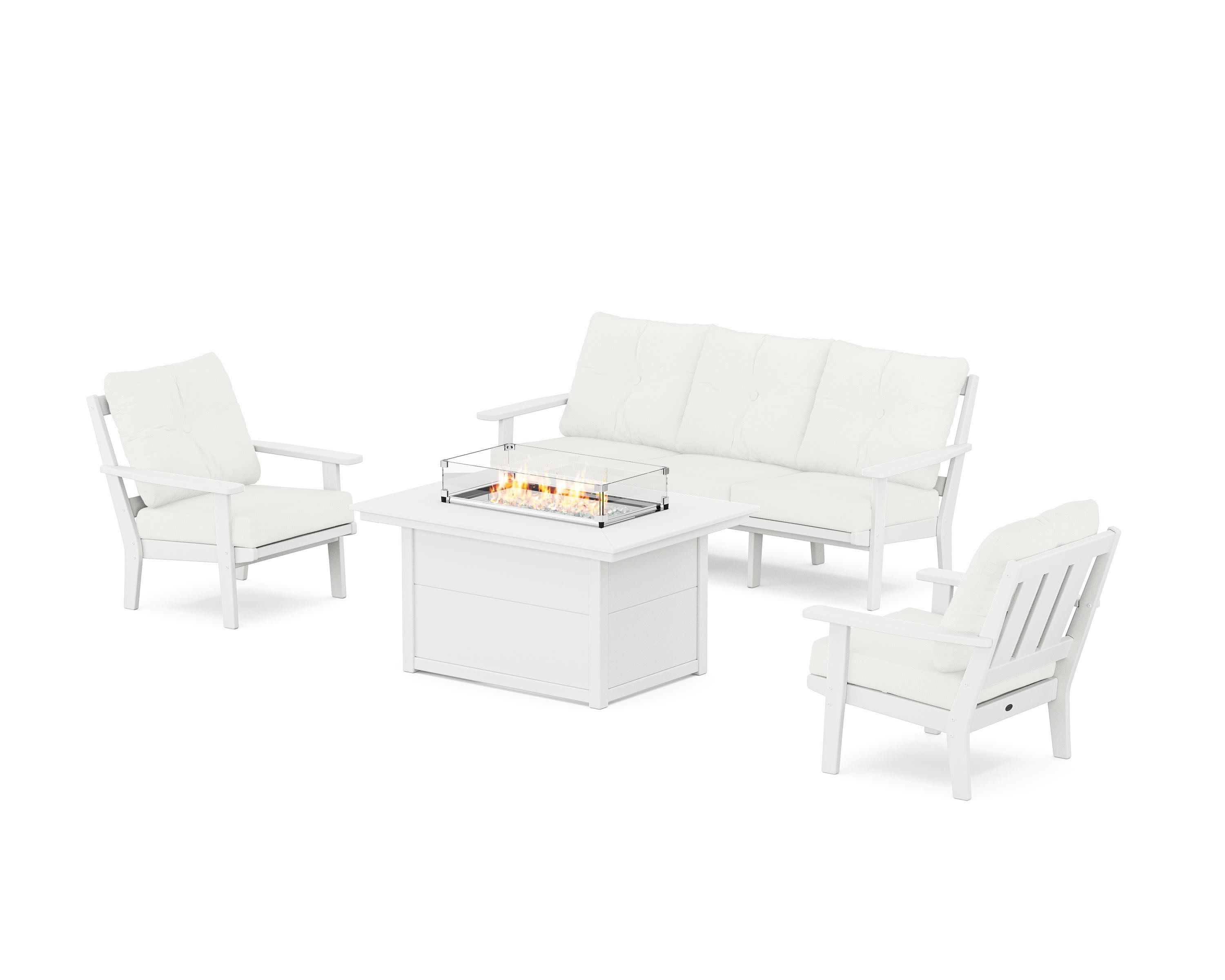 Oxford Deep Seating Fire Pit Table Set in White / Natural Linen