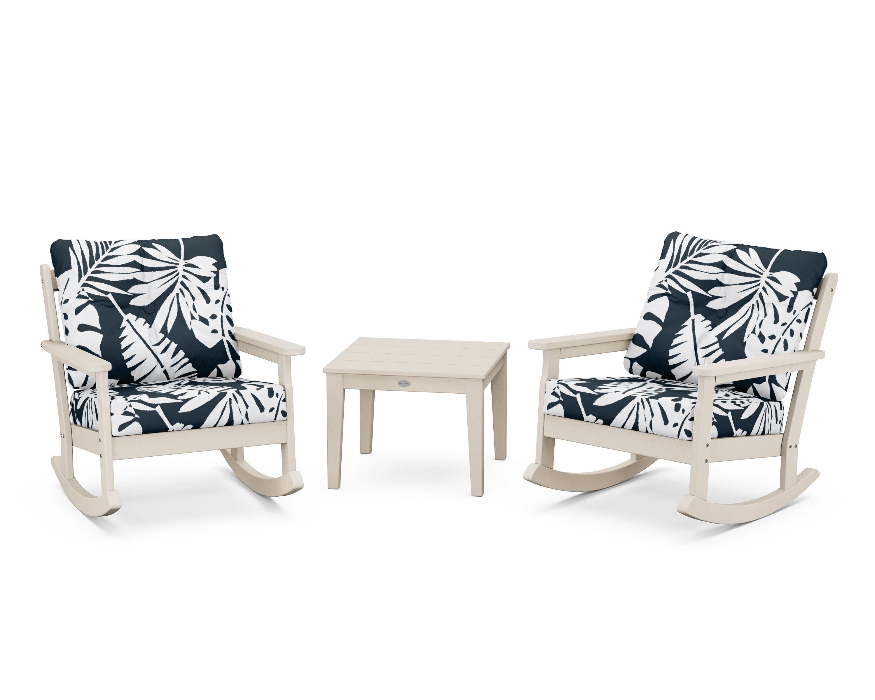 Vineyard 3-Piece Deep Seating Rocker Set in Sand / Leaf Marine Indigo