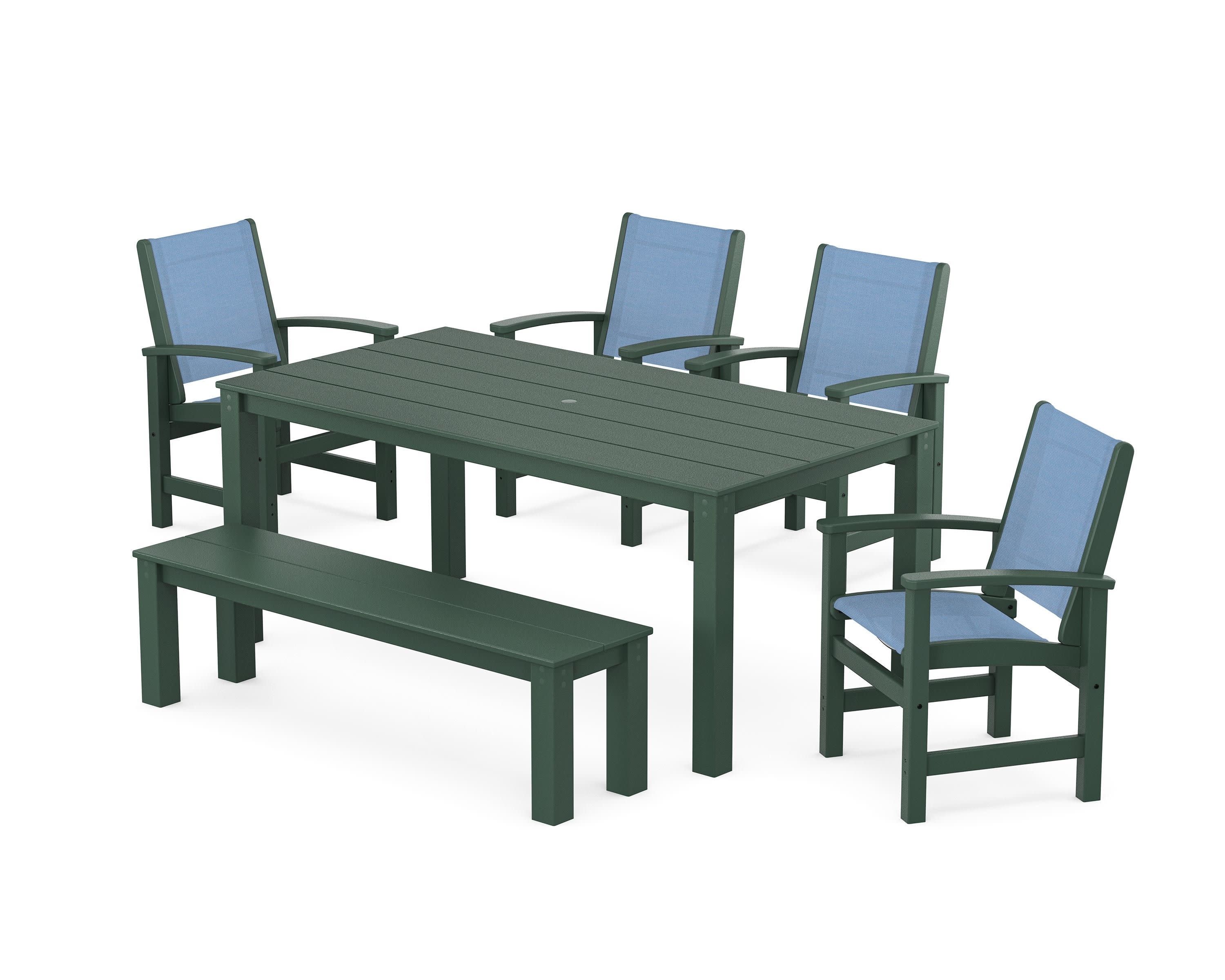 Coastal 6-Piece Parsons Dining Set with Bench in Green / Poolside Sling