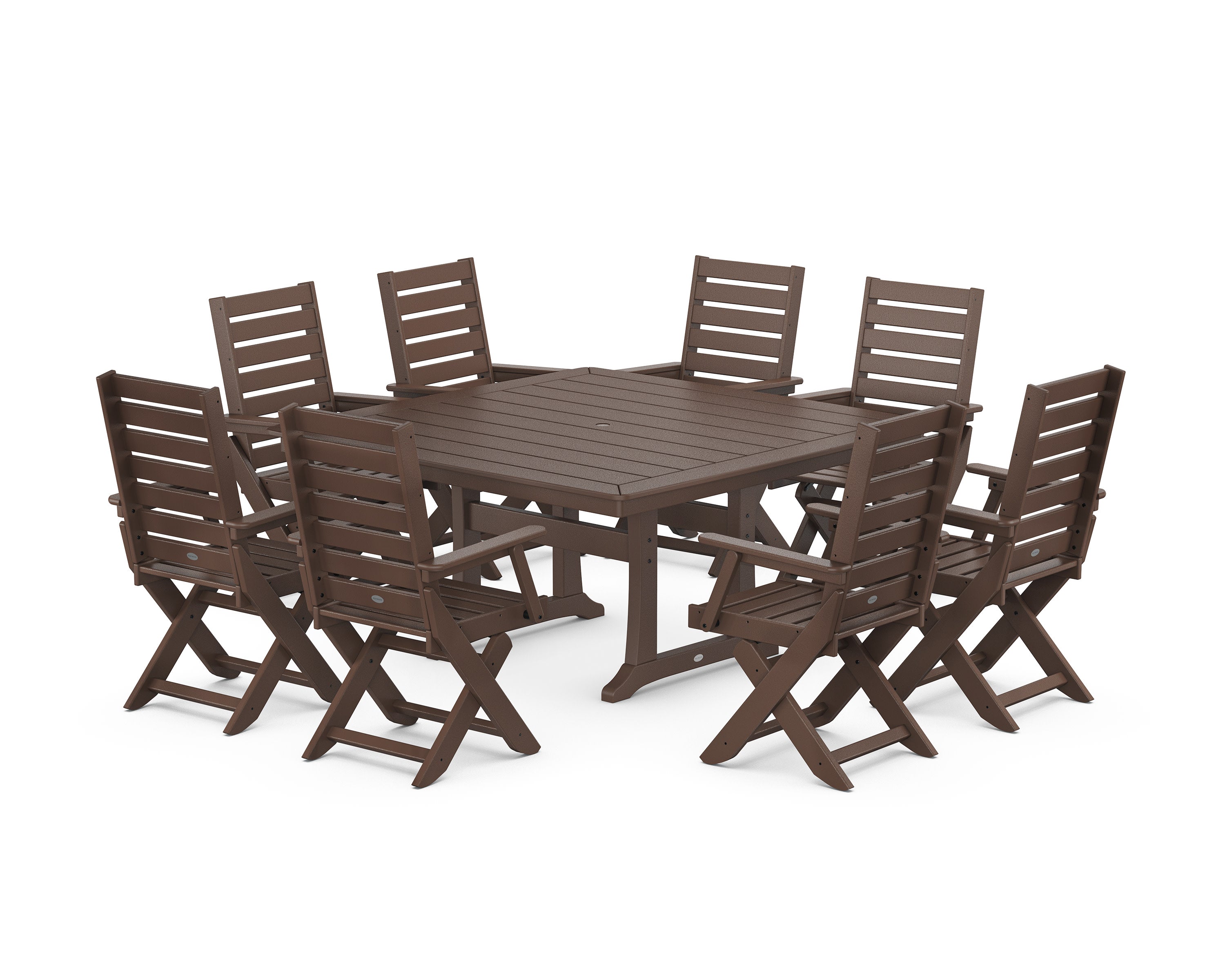 Captain Folding Chair 9-Piece Square Dining Set with Trestle Legs in Mahogany