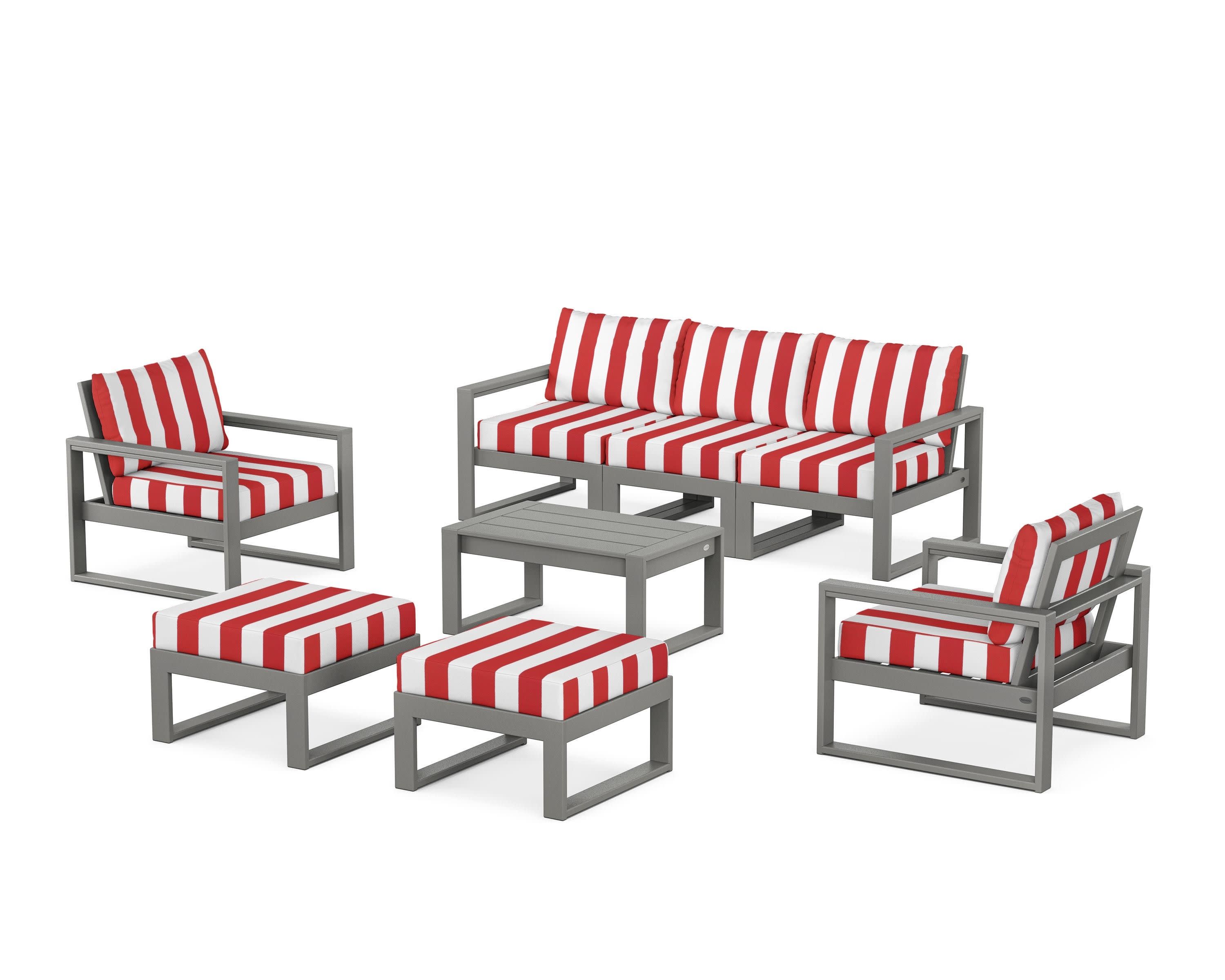 EDGE Sectional 8-Piece Lounge Sofa Set in Slate Grey / Cabana Stripe Crimson