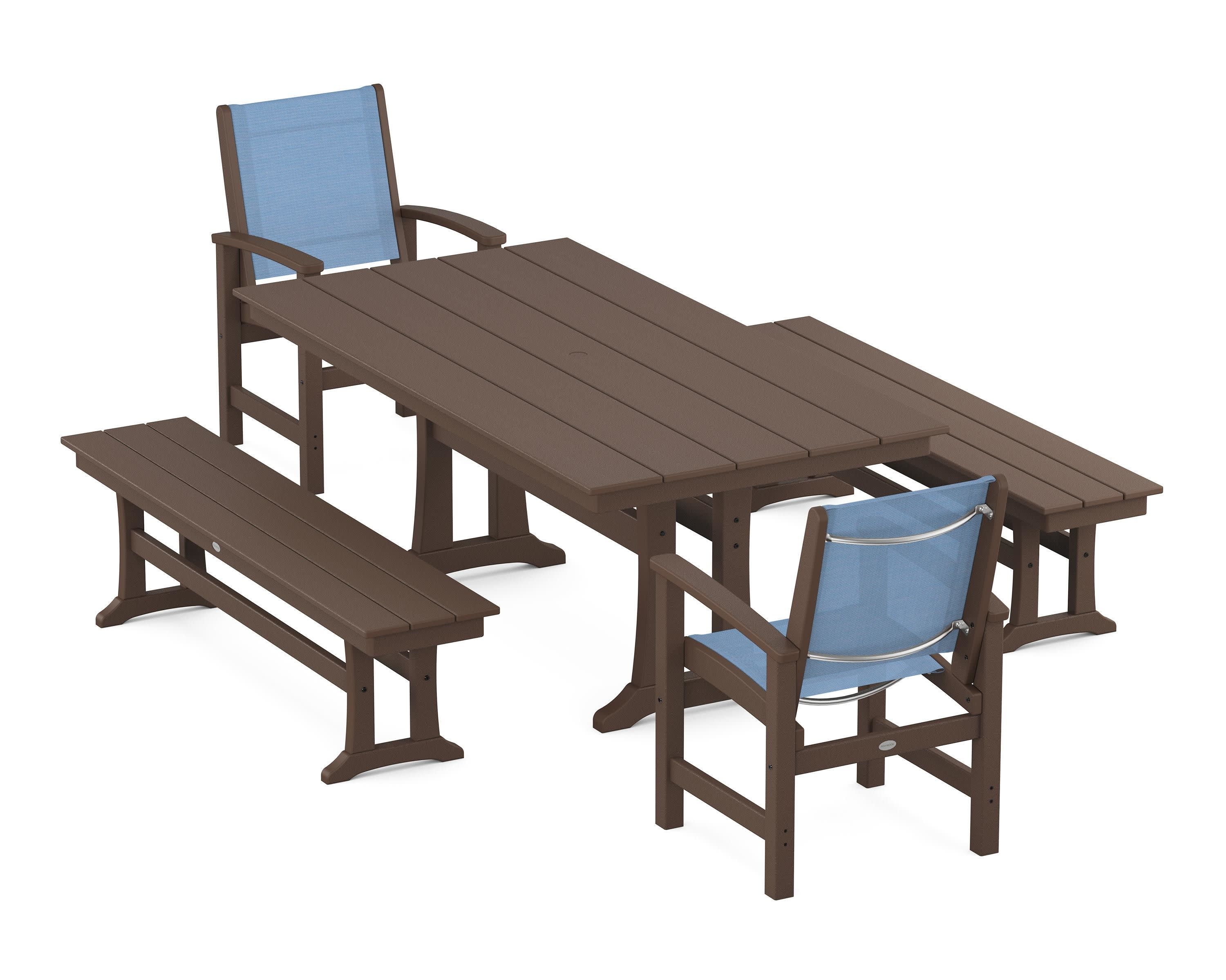 Coastal 5-Piece Farmhouse Dining Set with Trestle Legs and Benches in Mahogany / Poolside Sling
