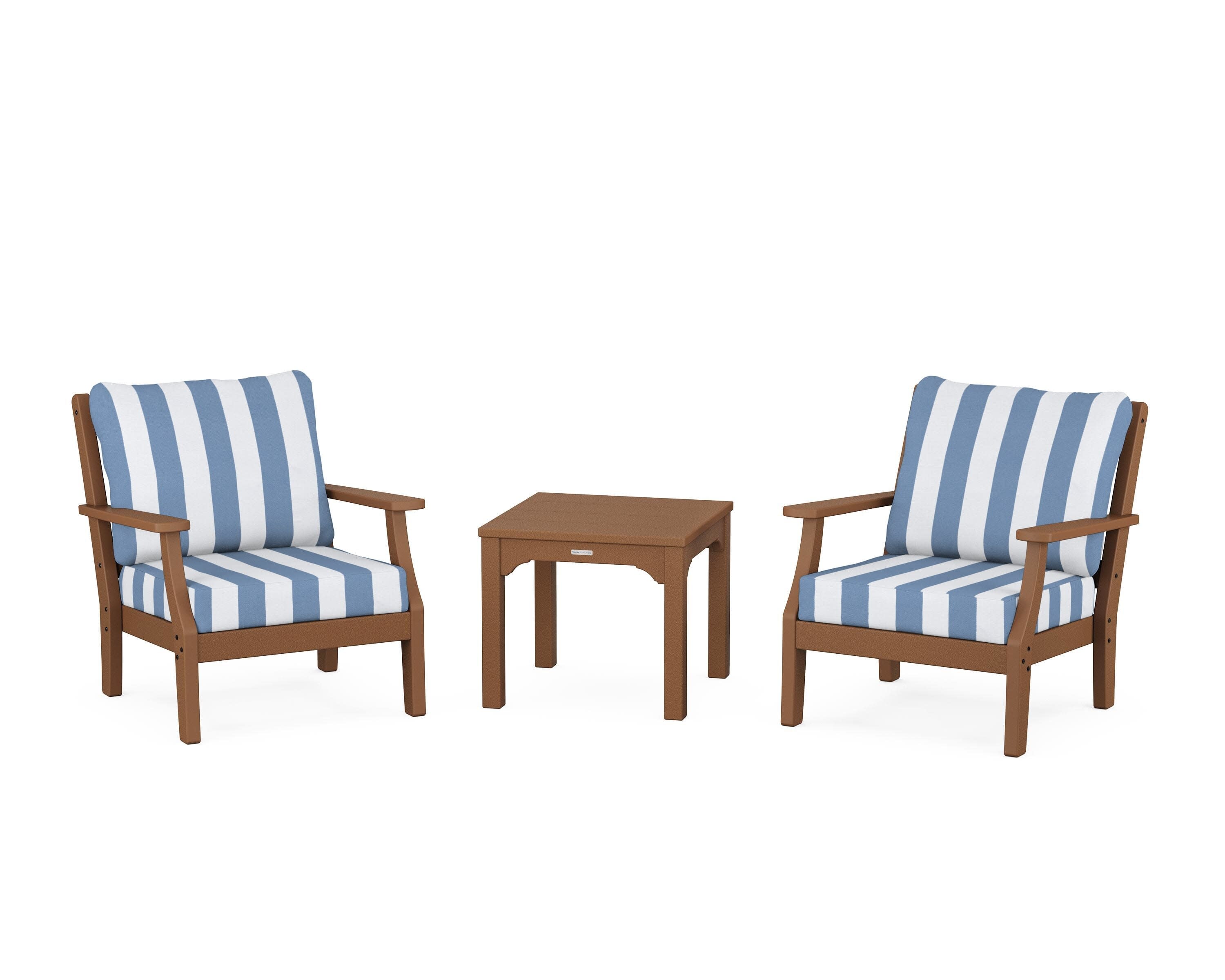 Chinoiserie 3-Piece Deep Seating Set in Teak / Cabana Stripe Sky Blue