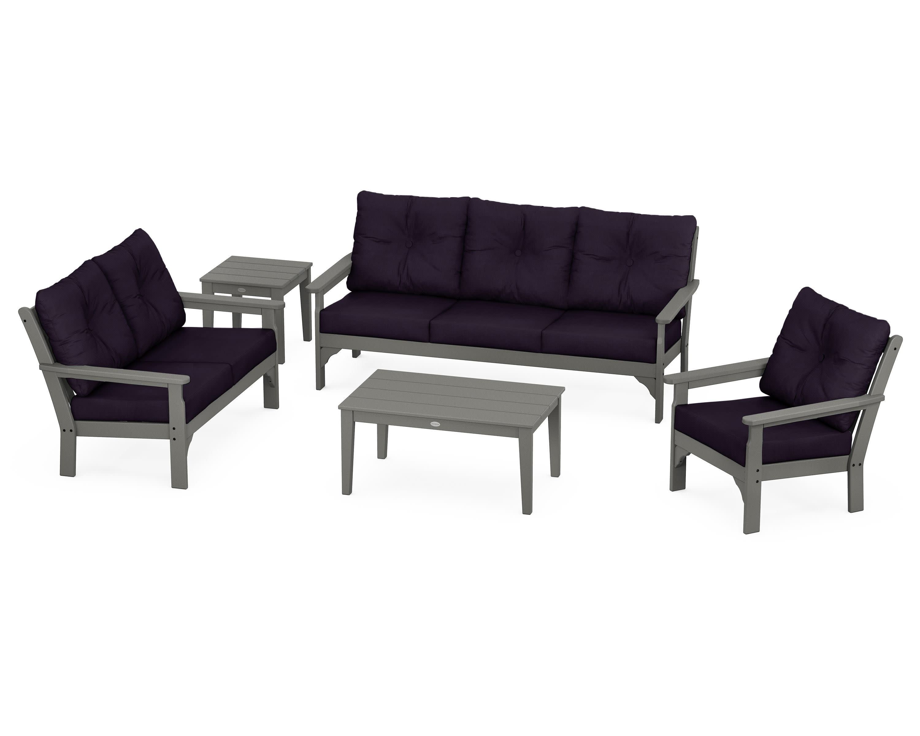 Vineyard 5 Piece Deep Seating Set in Slate Grey / Navy Linen